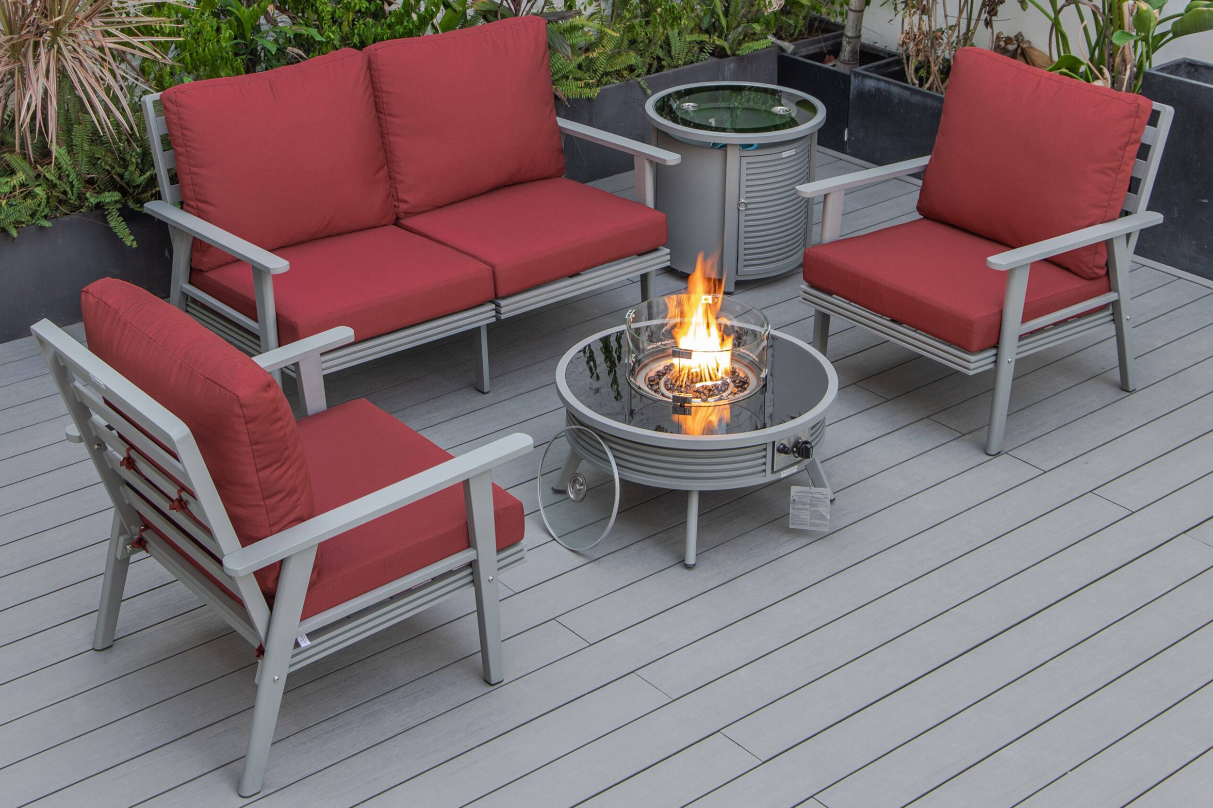 LeisureMod Walbrooke Modern Black Patio Conversation With Round Fire Pit With Slats Design & Tank Holder