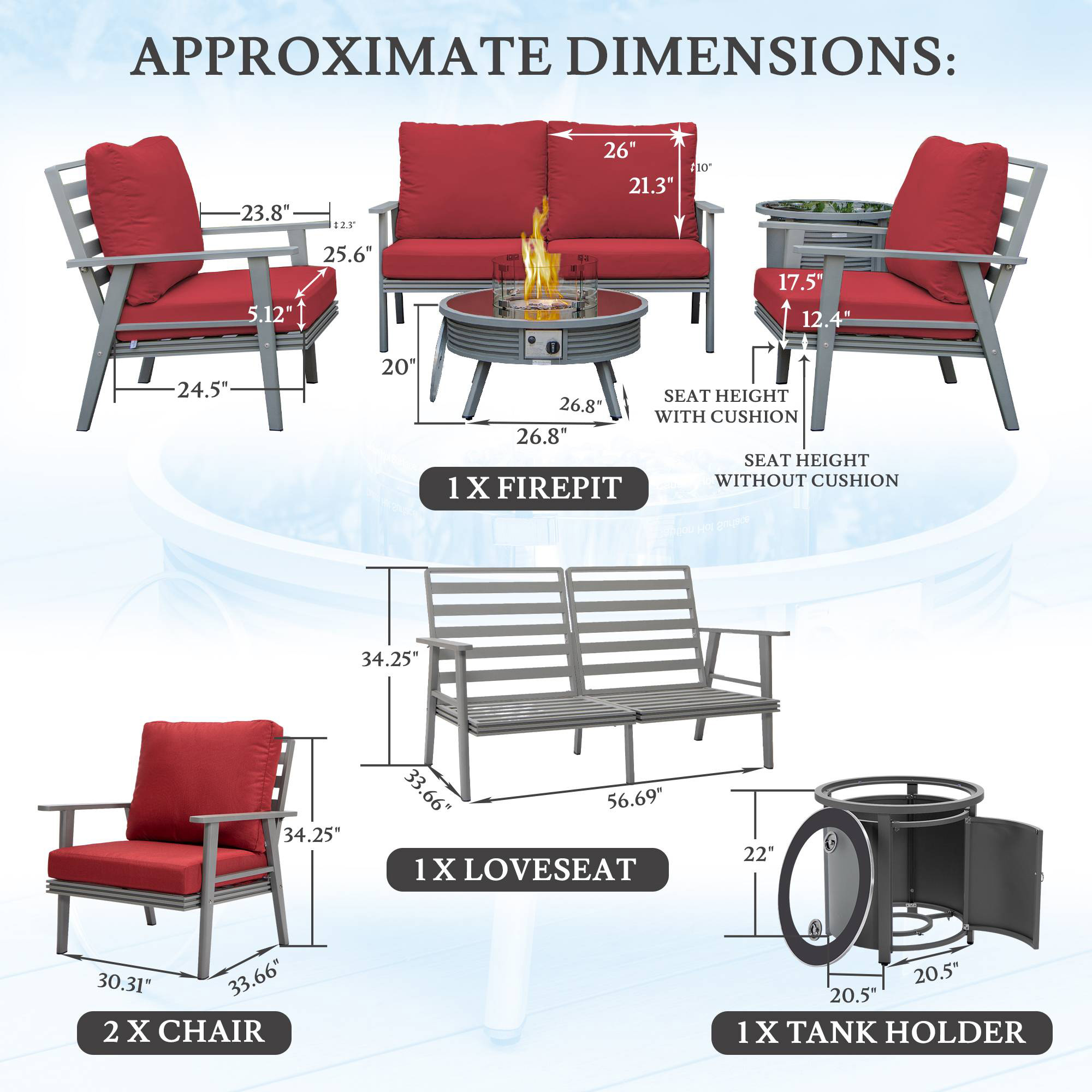 LeisureMod Walbrooke Modern Gray Patio Conversation With Round Fire Pit With Slats Design & Tank Holder - Red