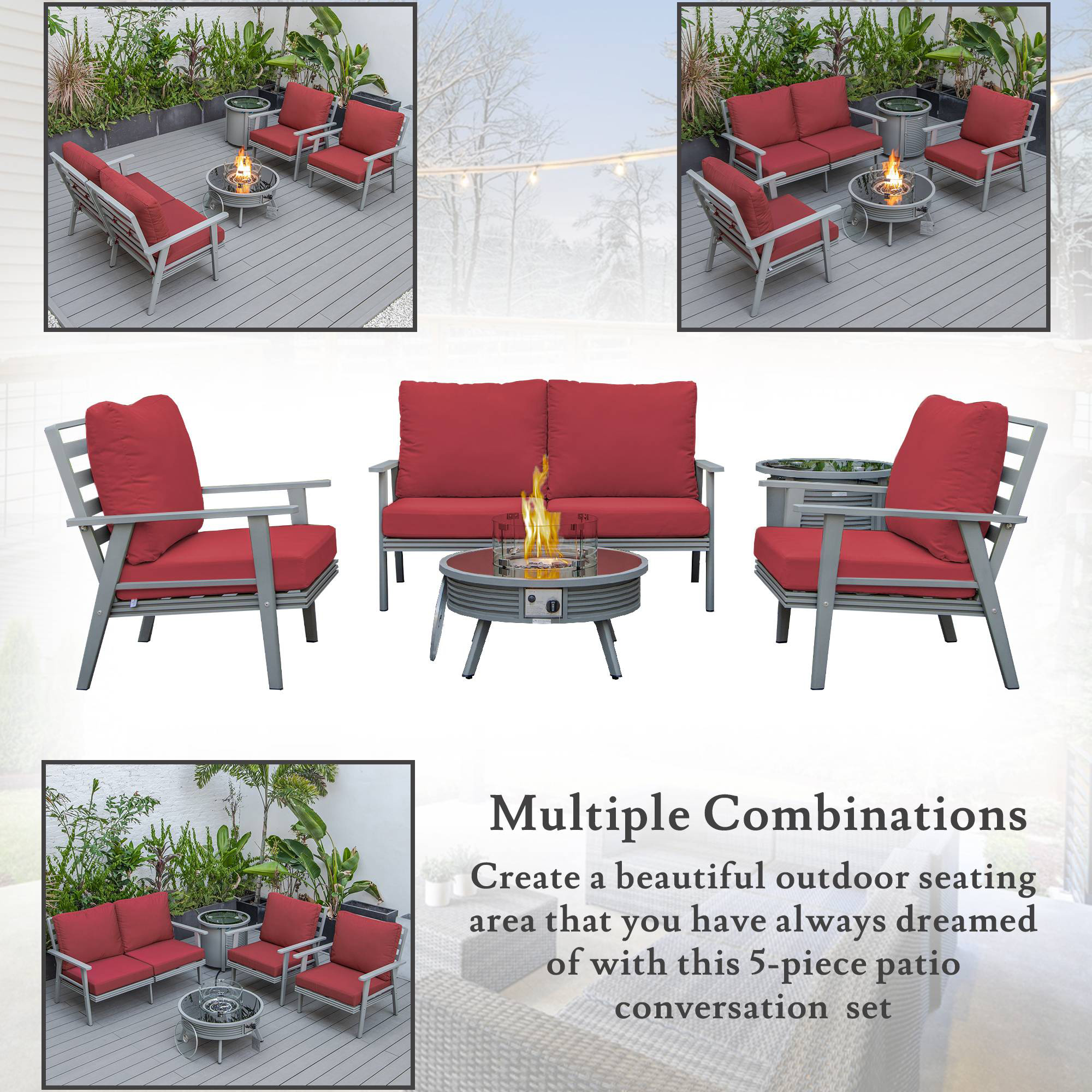 LeisureMod Walbrooke Modern Gray Patio Conversation With Round Fire Pit With Slats Design & Tank Holder - Red