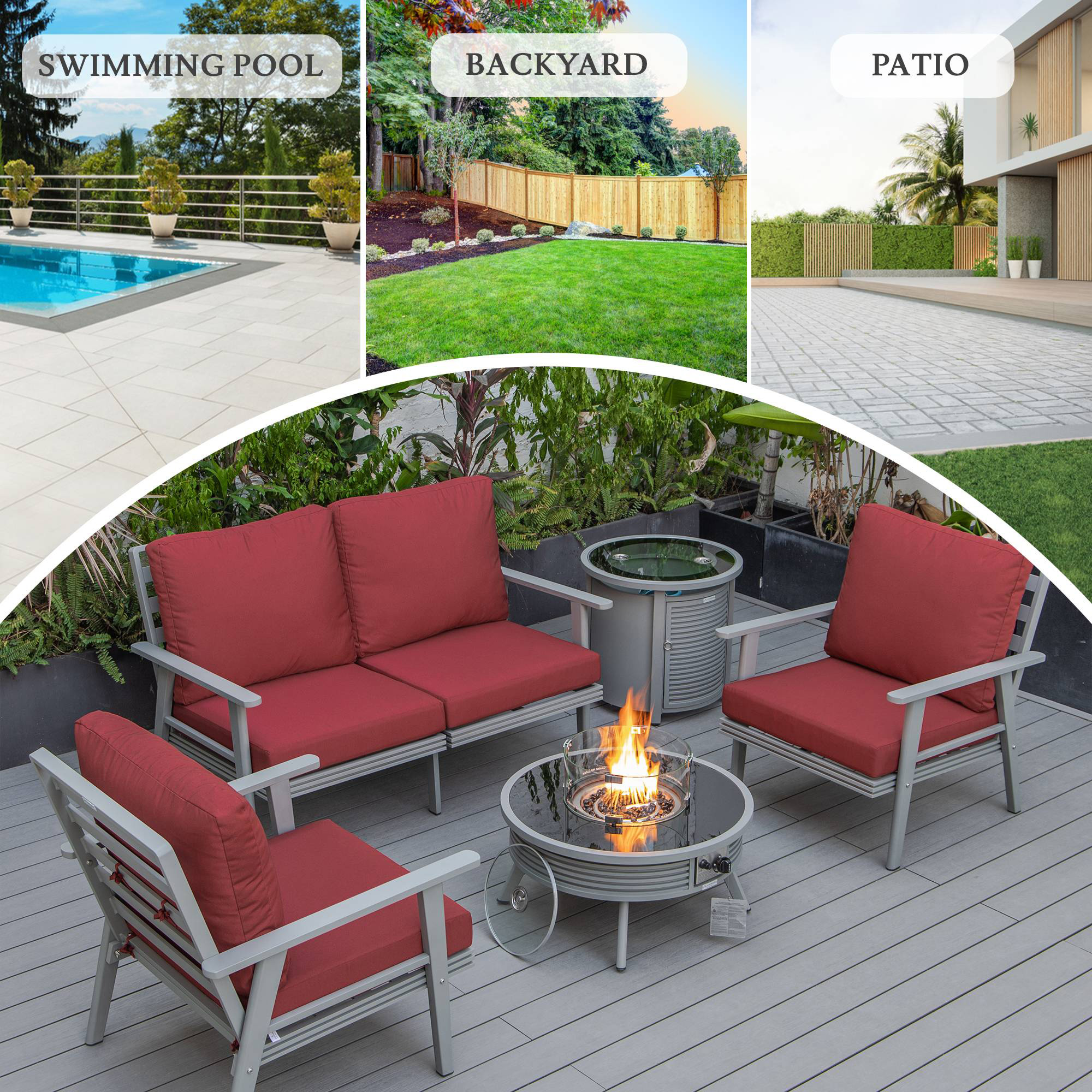 LeisureMod Walbrooke Modern Gray Patio Conversation With Round Fire Pit With Slats Design & Tank Holder - Red