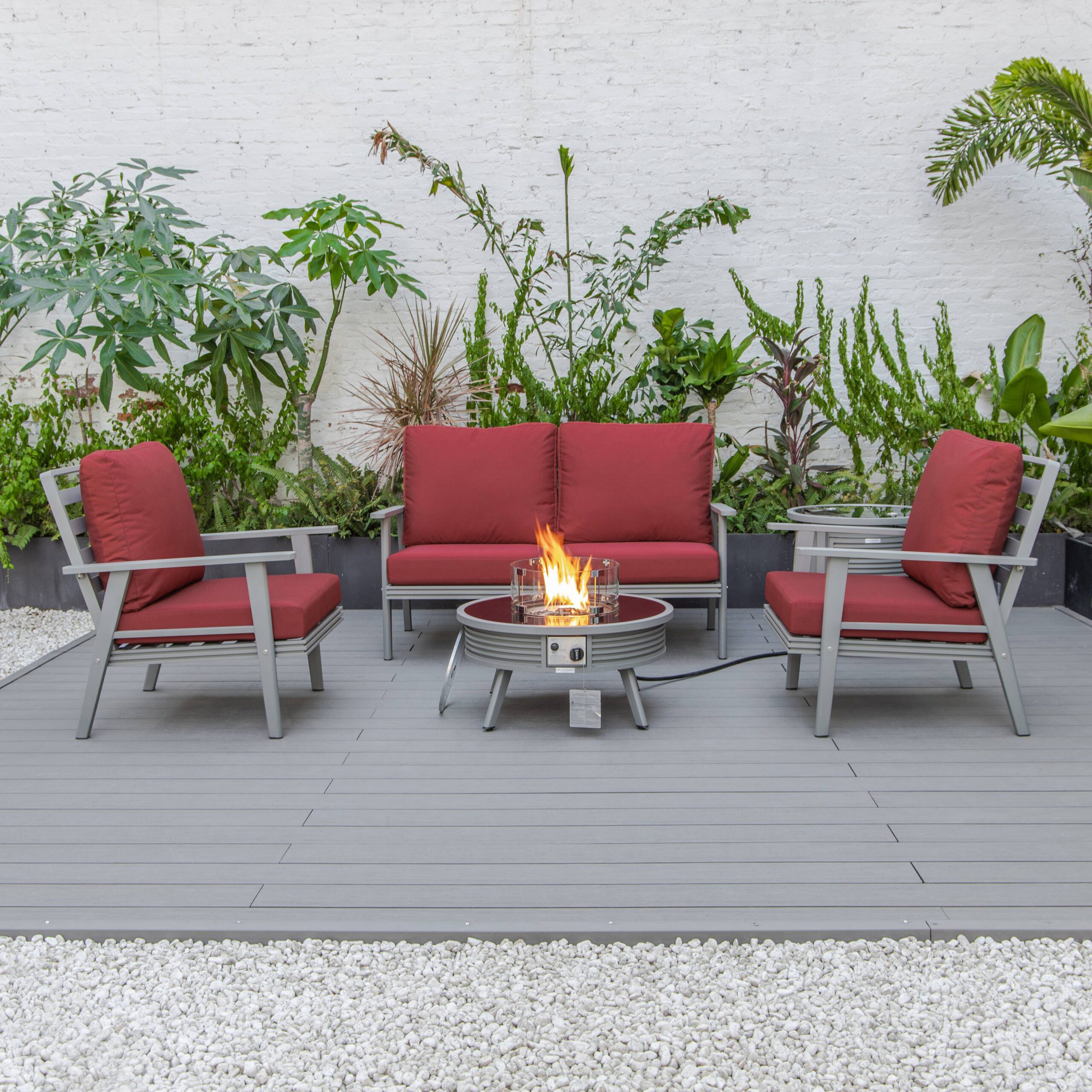 LeisureMod Walbrooke Modern Gray Patio Conversation With Round Fire Pit With Slats Design & Tank Holder - Red