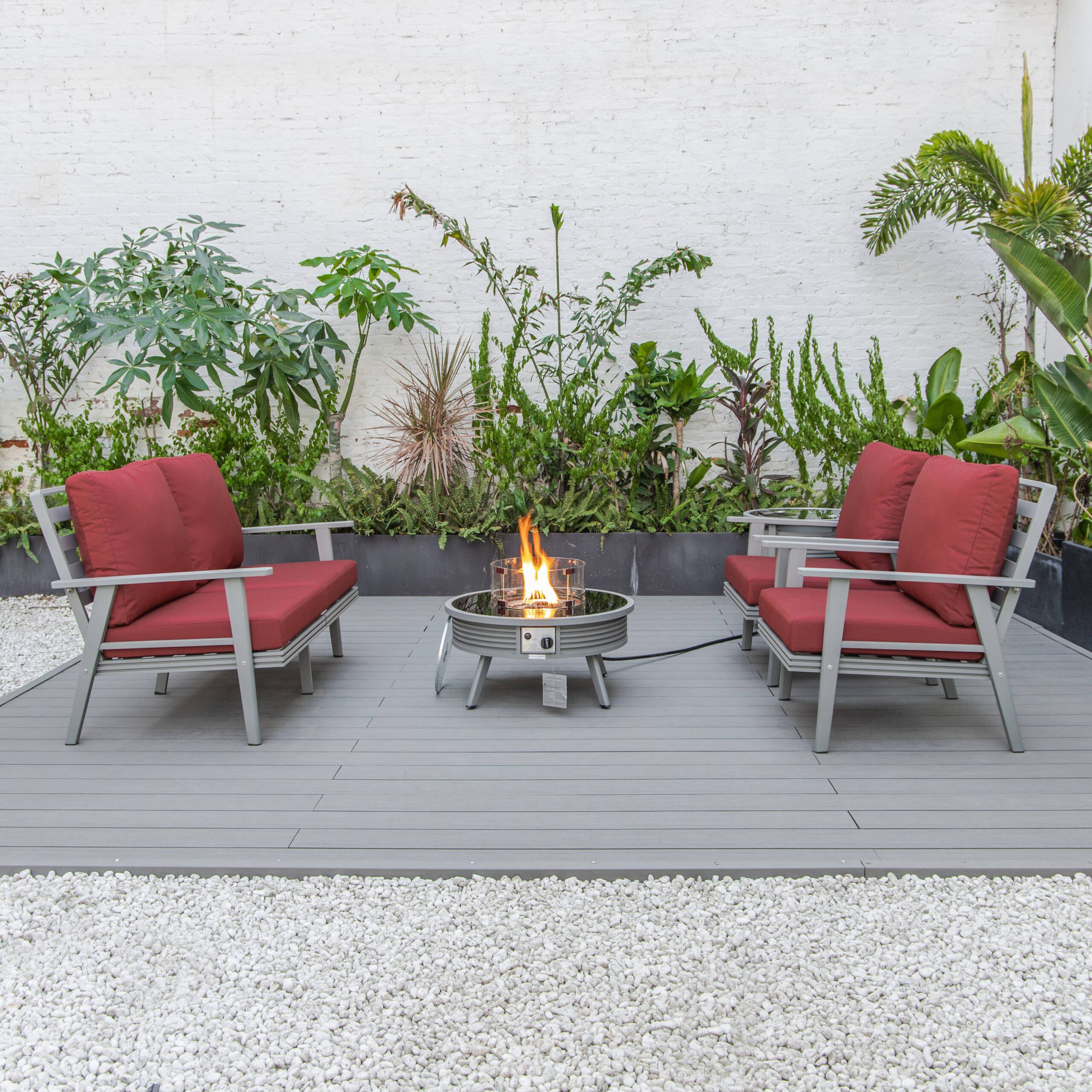 LeisureMod Walbrooke Modern Gray Patio Conversation With Round Fire Pit With Slats Design & Tank Holder - Red