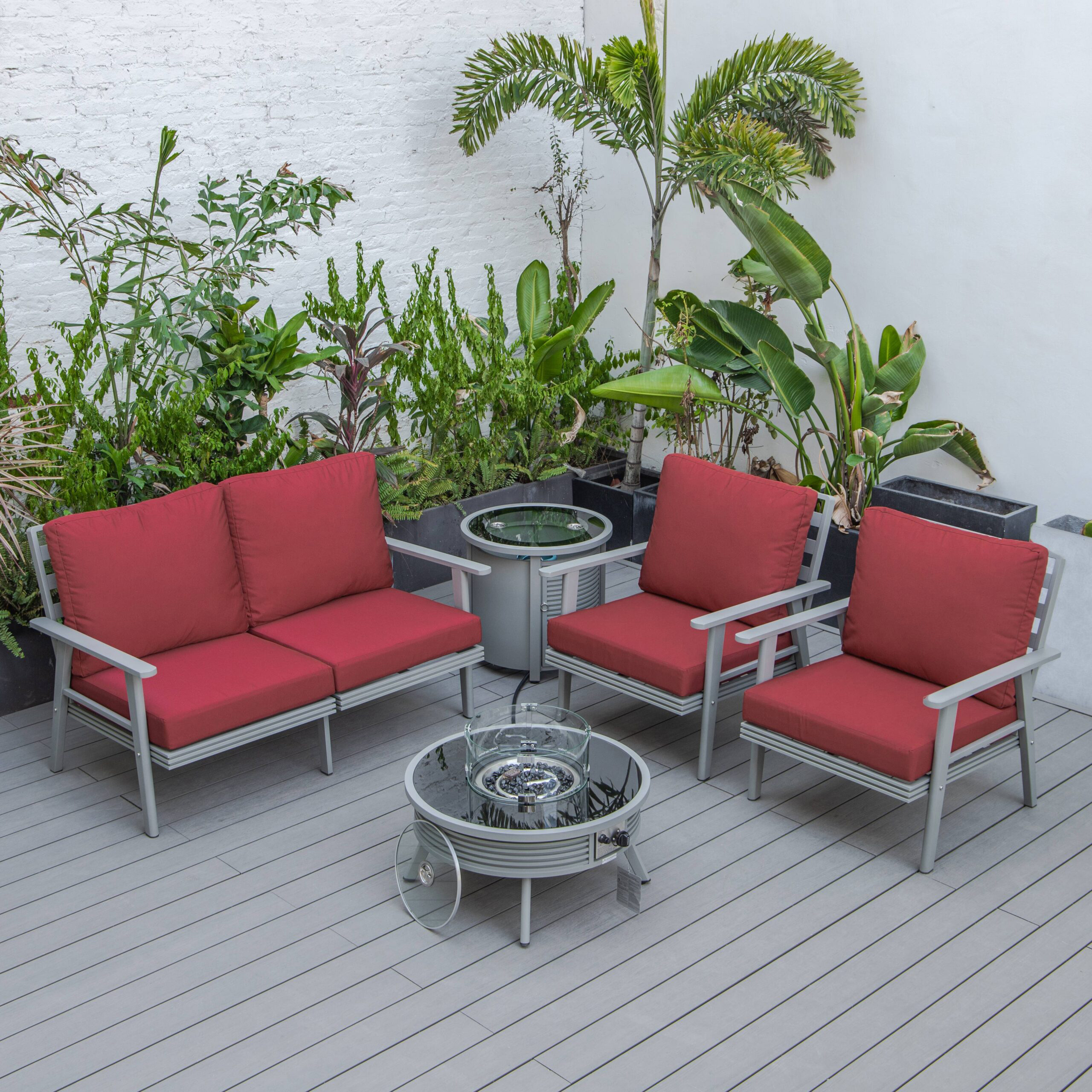 LeisureMod Walbrooke Modern Gray Patio Conversation With Round Fire Pit With Slats Design & Tank Holder - Red