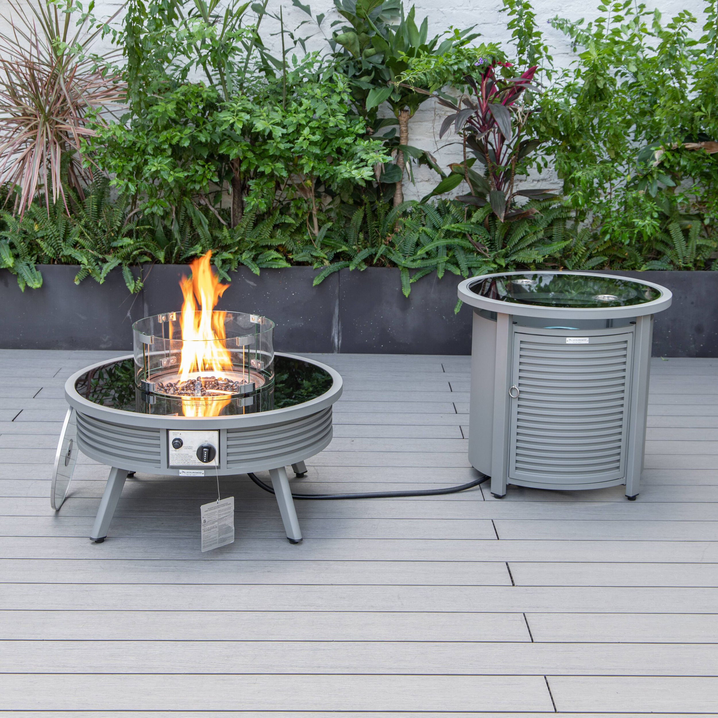 LeisureMod Walbrooke Outdoor Patio Round Fire Pit and Tank Holder with Slats Design