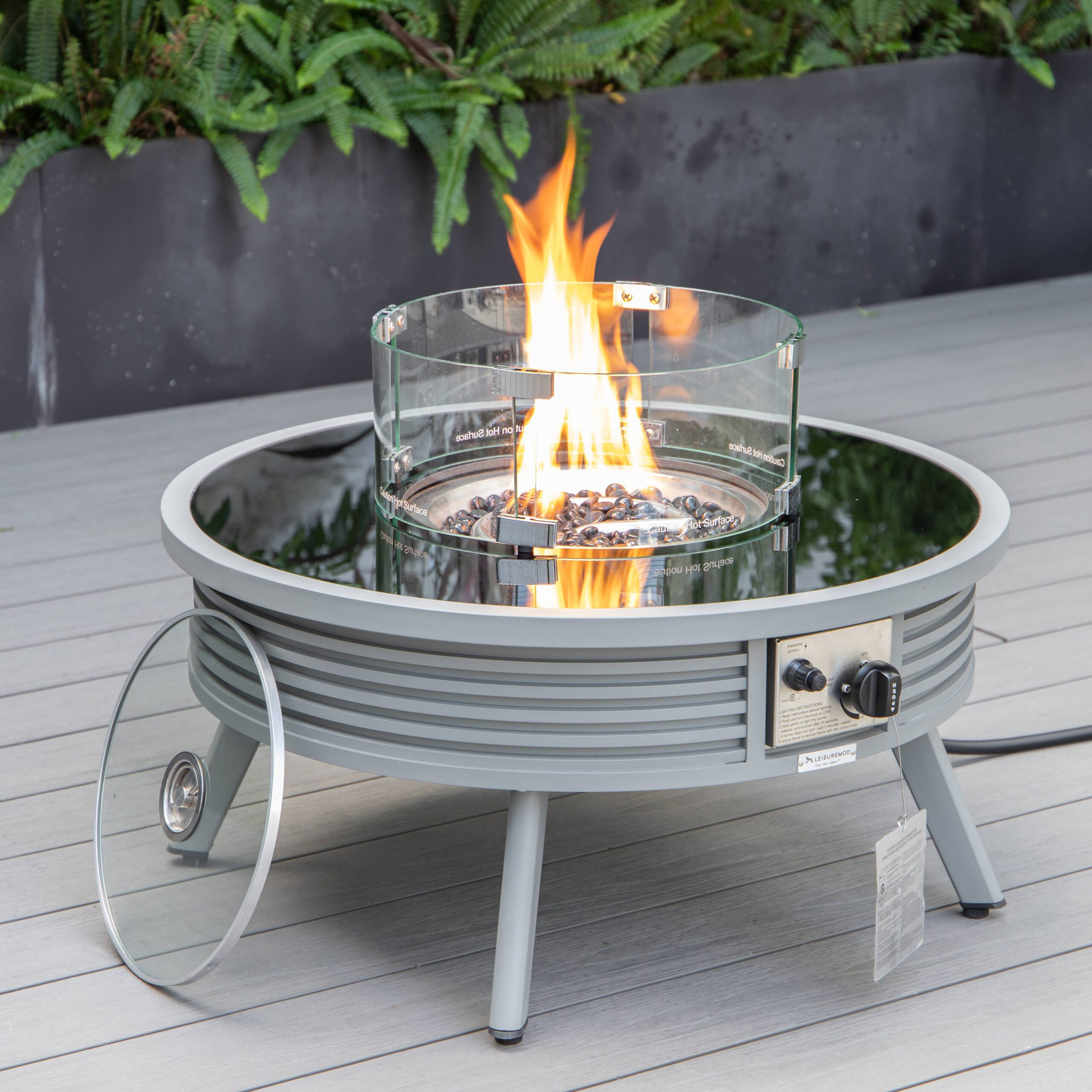 LeisureMod Walbrooke Outdoor Patio Round Fire Pit and Tank Holder with Slats Design - Gray