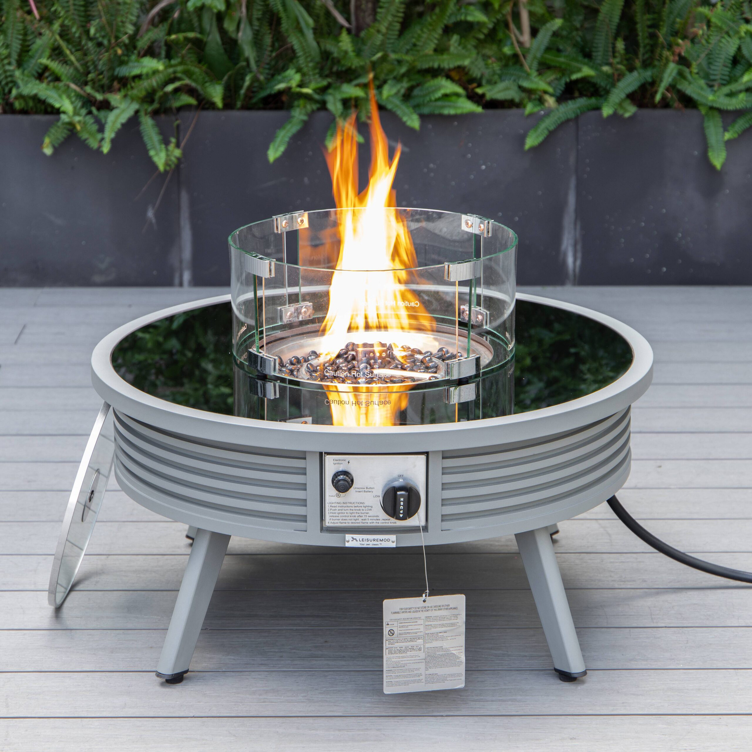 LeisureMod Walbrooke Modern Outdoor Round Fire Pit Table with Powder-Coated Aluminum Frame and Slats Design - Gray