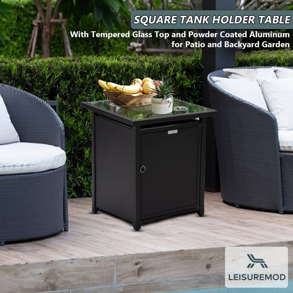 LeisureMod Walbrooke Modern Square Tank Holder Table with Tempered Glass Top and Powder Coated Aluminum - Black