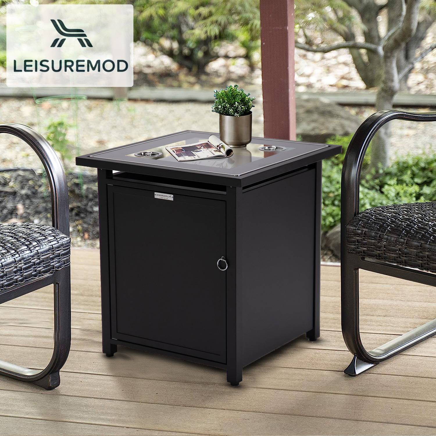 LeisureMod Walbrooke Modern Square Tank Holder Table with Tempered Glass Top and Powder Coated Aluminum - Black