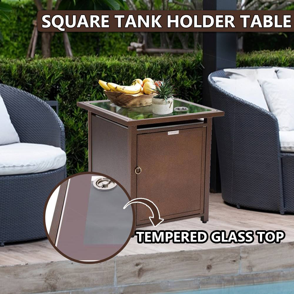 LeisureMod Walbrooke Modern Square Tank Holder Table with Tempered Glass Top and Powder Coated Aluminum - Brown