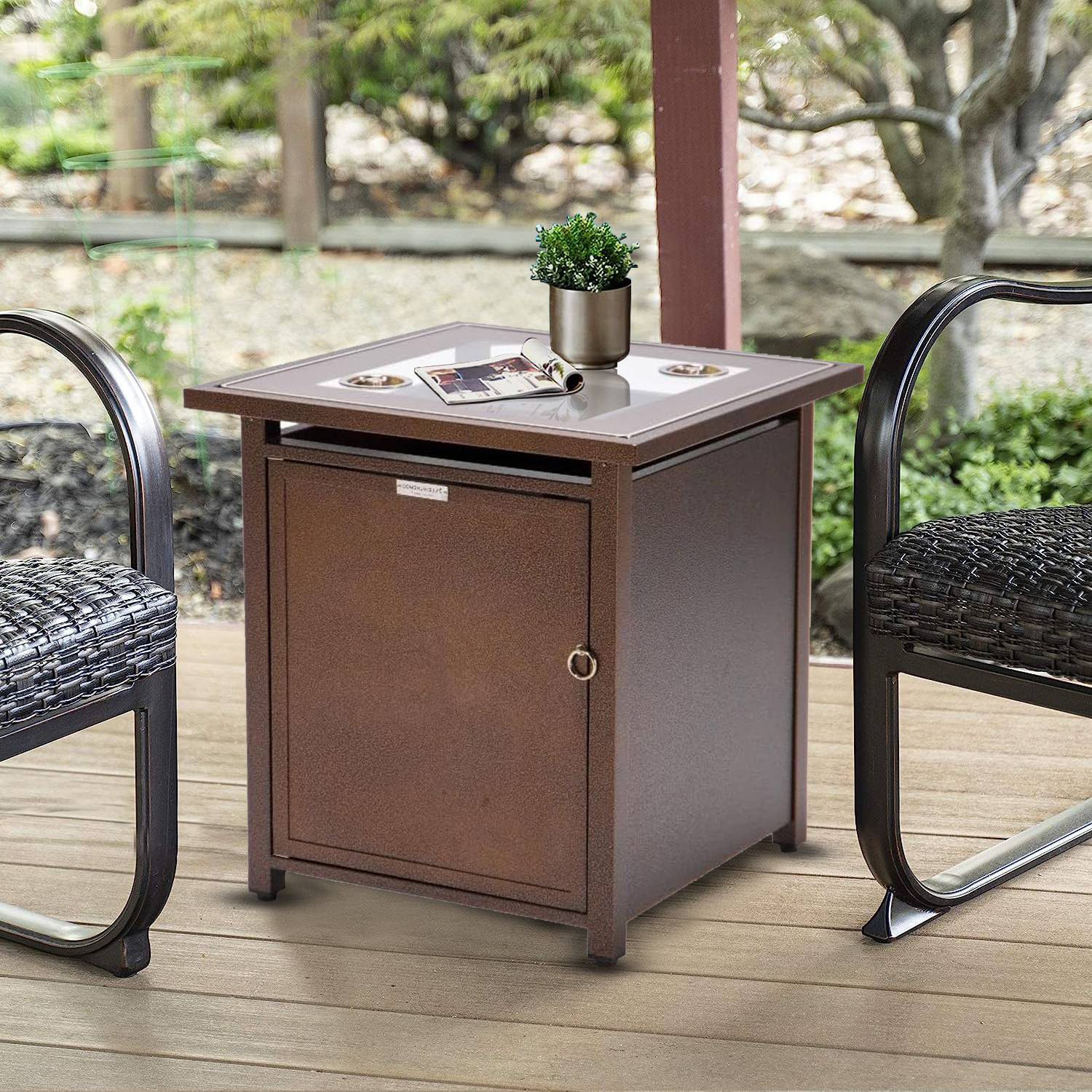 LeisureMod Walbrooke Modern Square Tank Holder Table with Tempered Glass Top and Powder Coated Aluminum - Brown