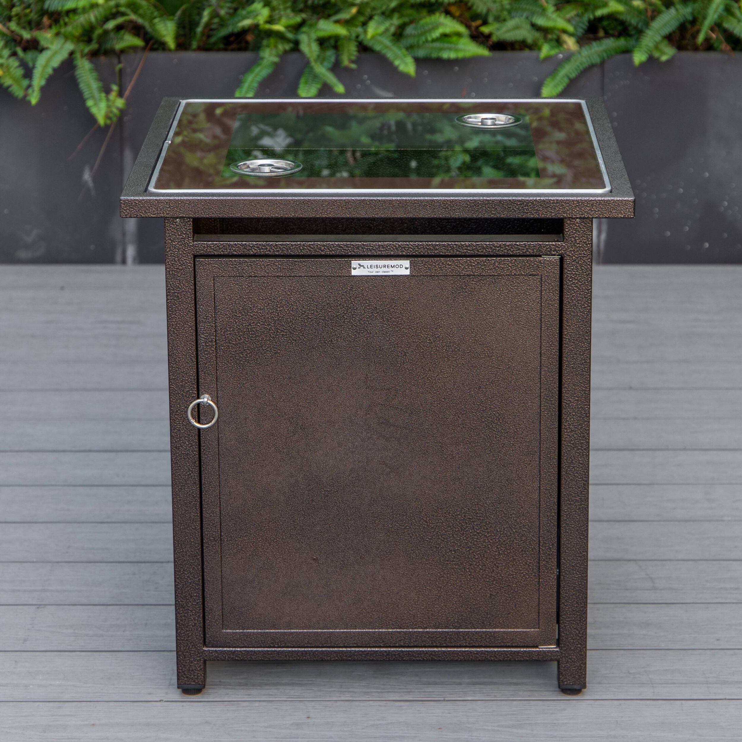 LeisureMod Walbrooke Modern Square Tank Holder Table with Tempered Glass Top and Powder Coated Aluminum - Brown