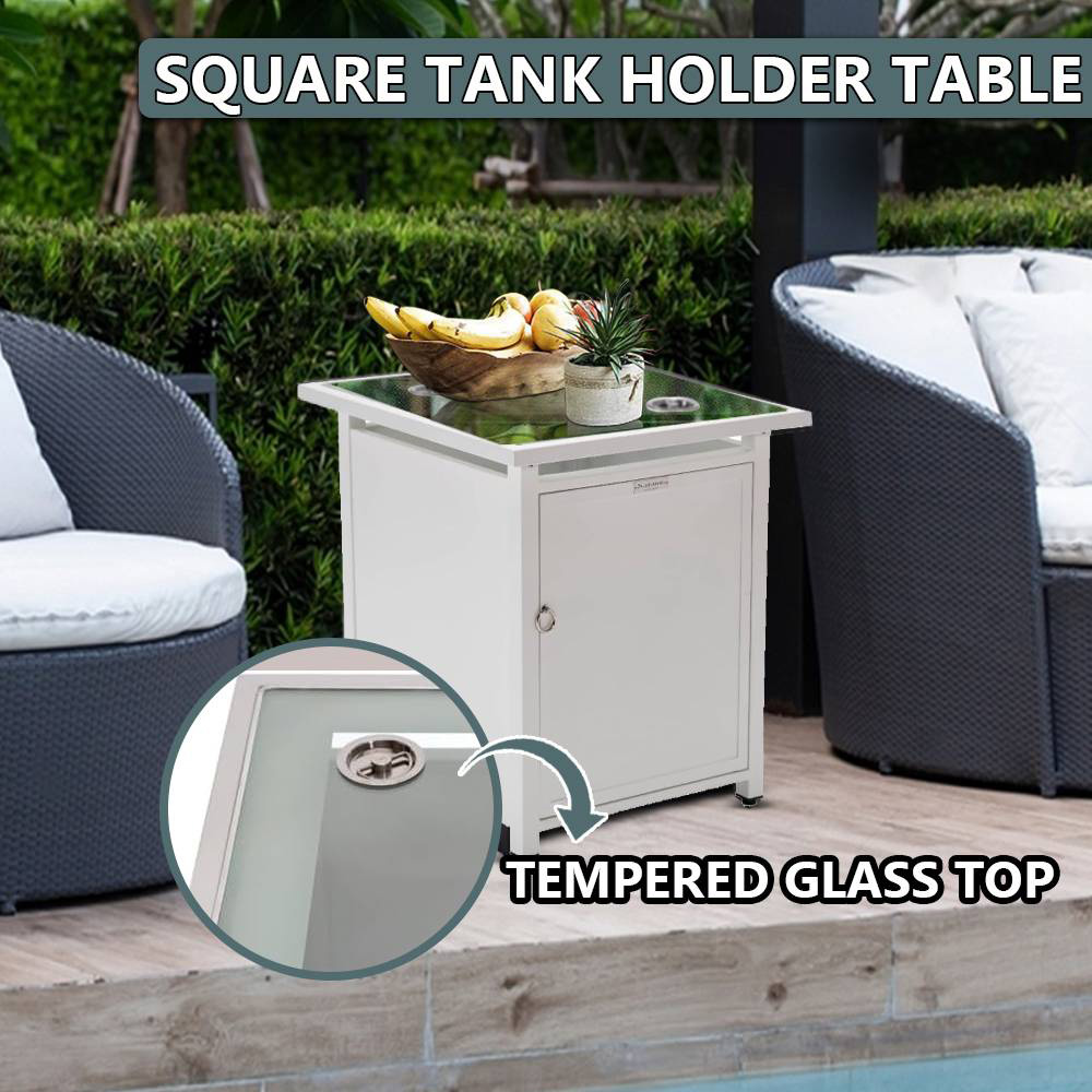 LeisureMod Walbrooke Modern Square Tank Holder Table with Tempered Glass Top and Powder Coated Aluminum - White