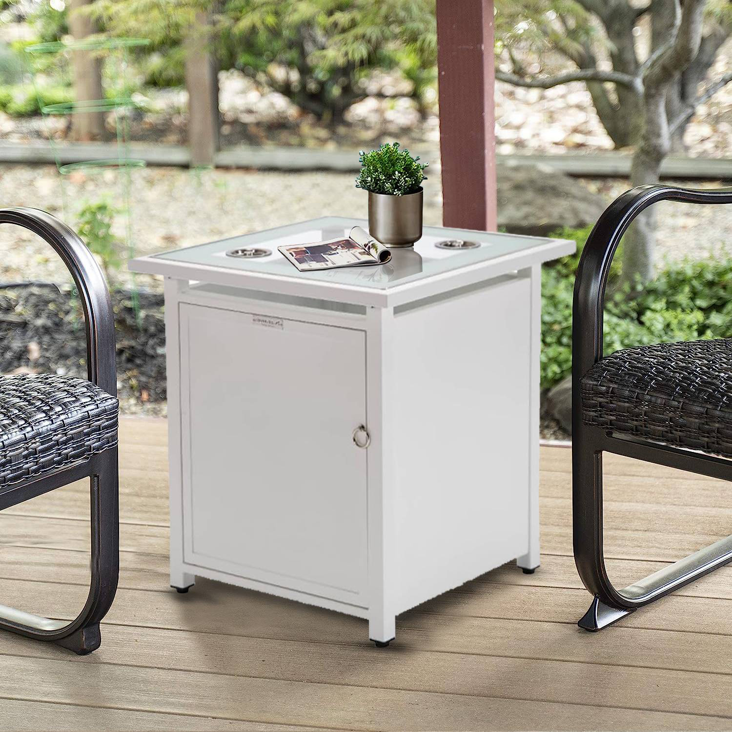 LeisureMod Walbrooke Modern Square Tank Holder Table with Tempered Glass Top and Powder Coated Aluminum - White