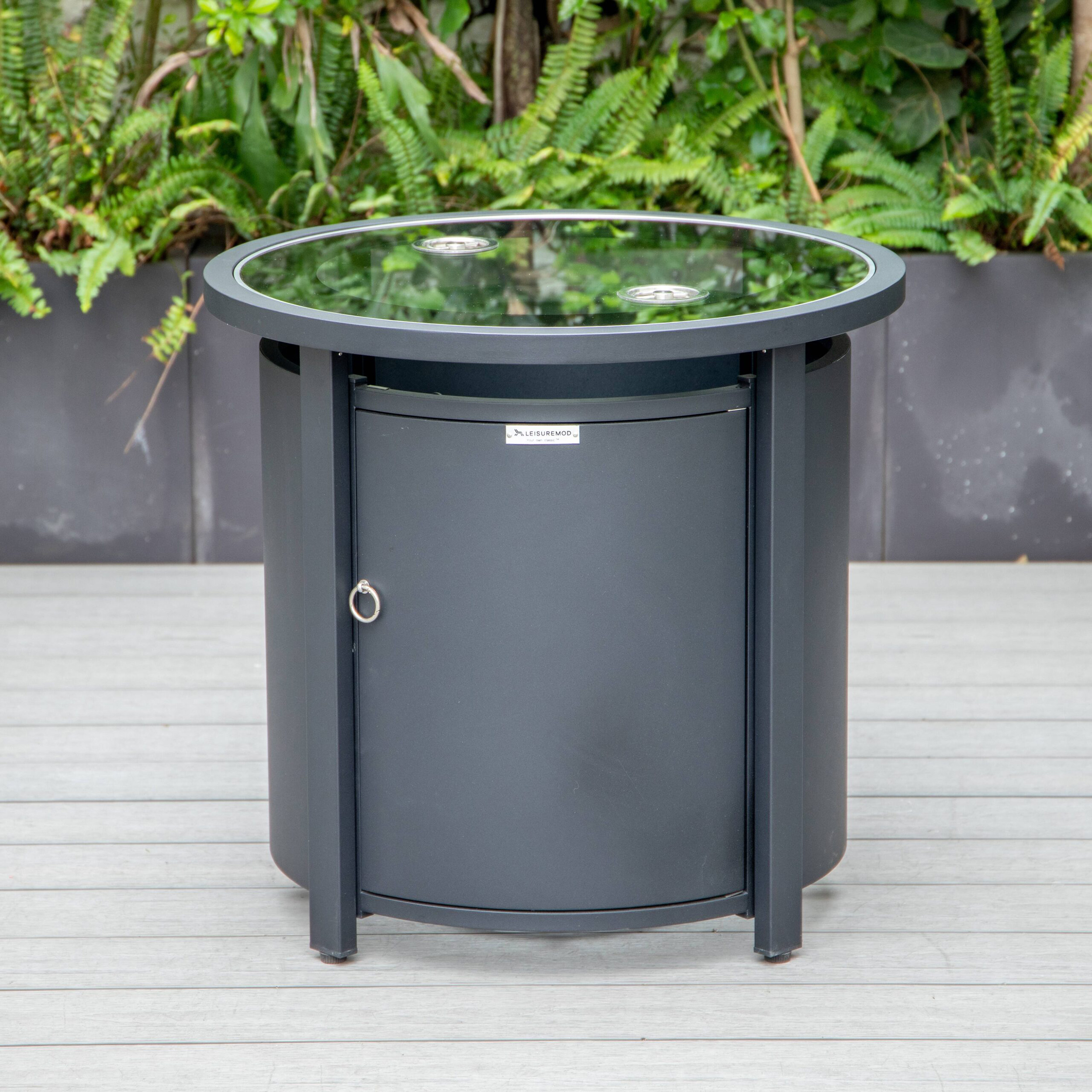 LeisureMod Walbrooke Modern Round Tank Holder Table with Tempered Glass Top and Powder Coated Aluminum - Black