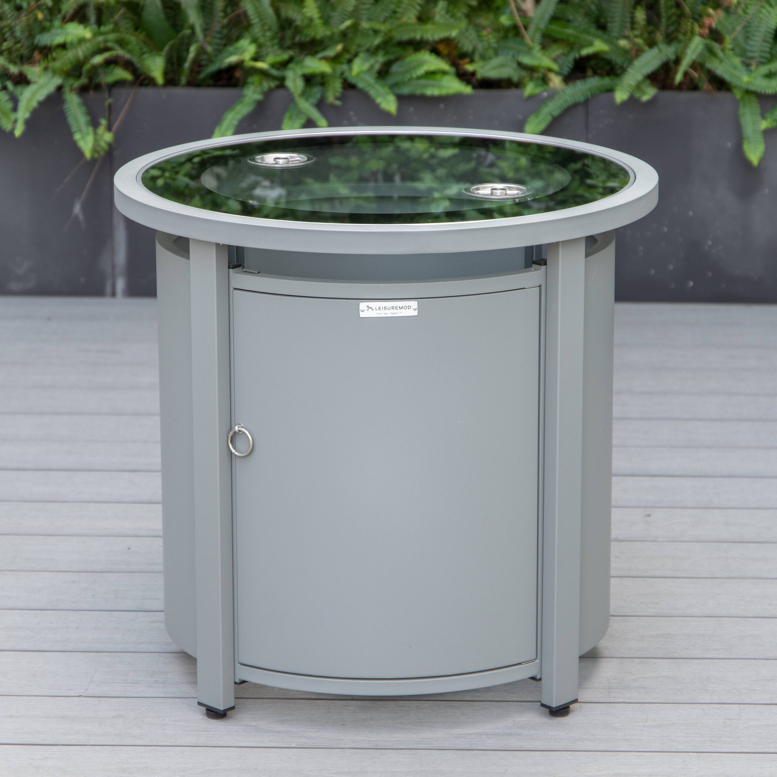 LeisureMod Walbrooke Modern Round Tank Holder Table with Tempered Glass Top and Powder Coated Aluminum - Gray