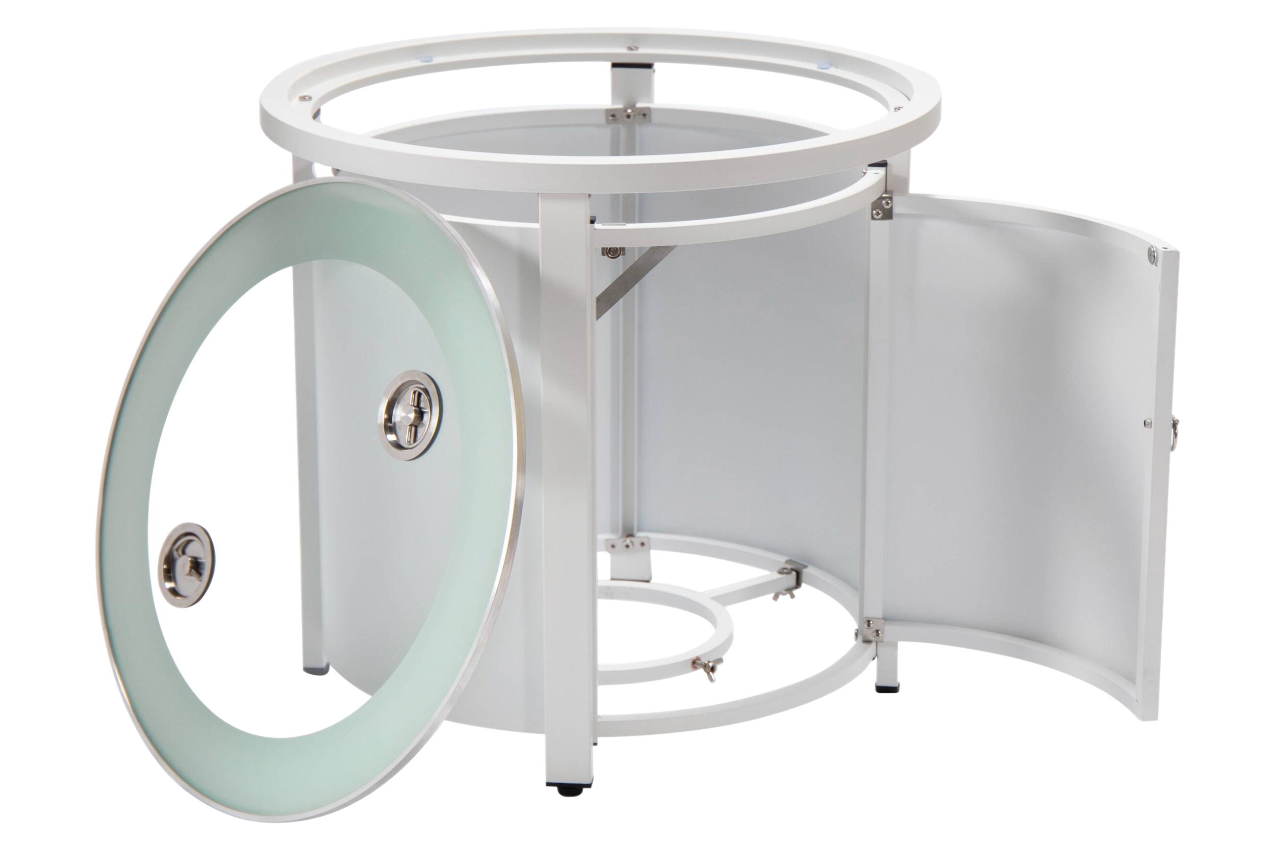 LeisureMod Walbrooke Modern Round Tank Holder Table with Tempered Glass Top and Powder Coated Aluminum - White