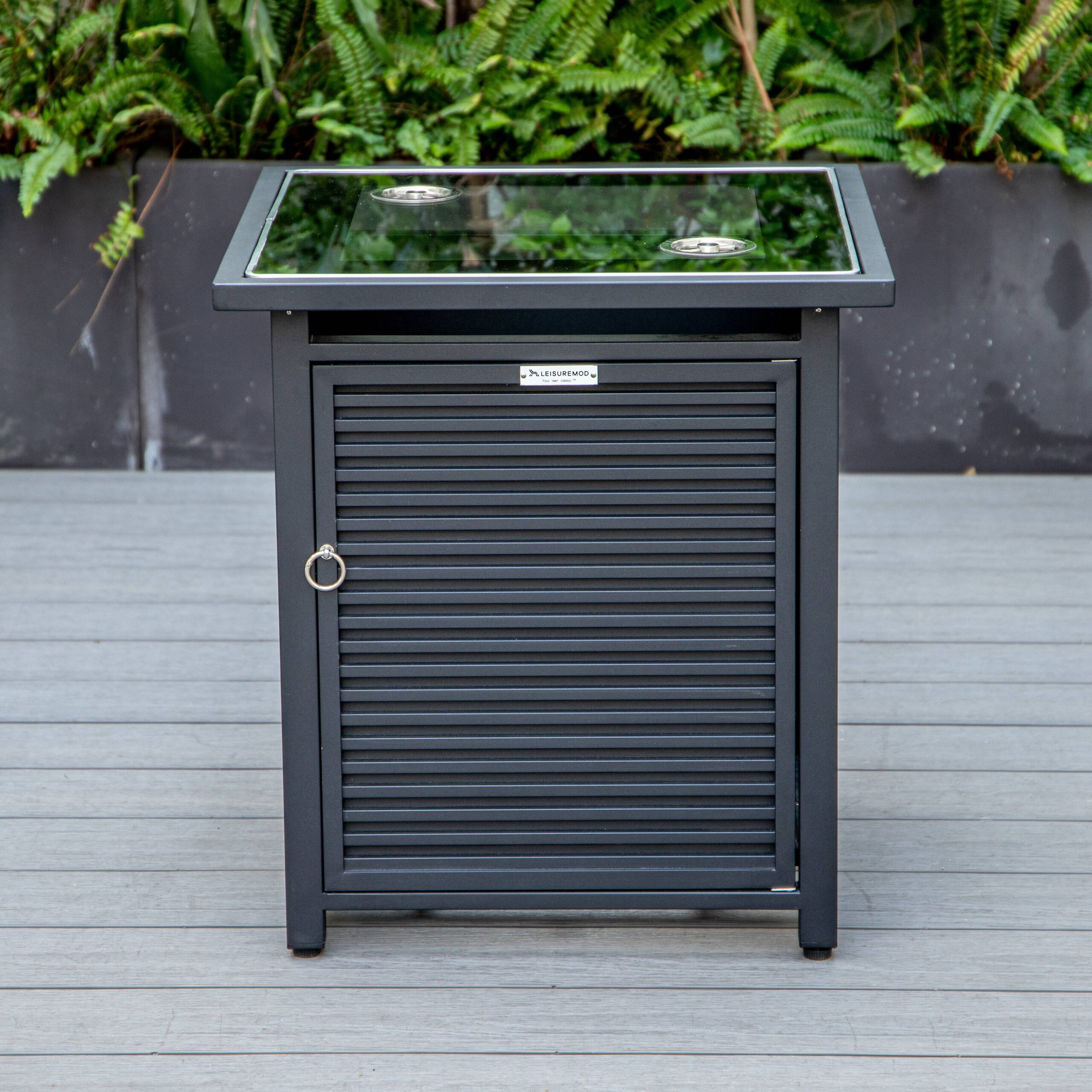 LeisureMod Walbrooke Modern Square Tank Holder Table with Tempered Glass Top and Powder Coated Aluminum Slats - Black