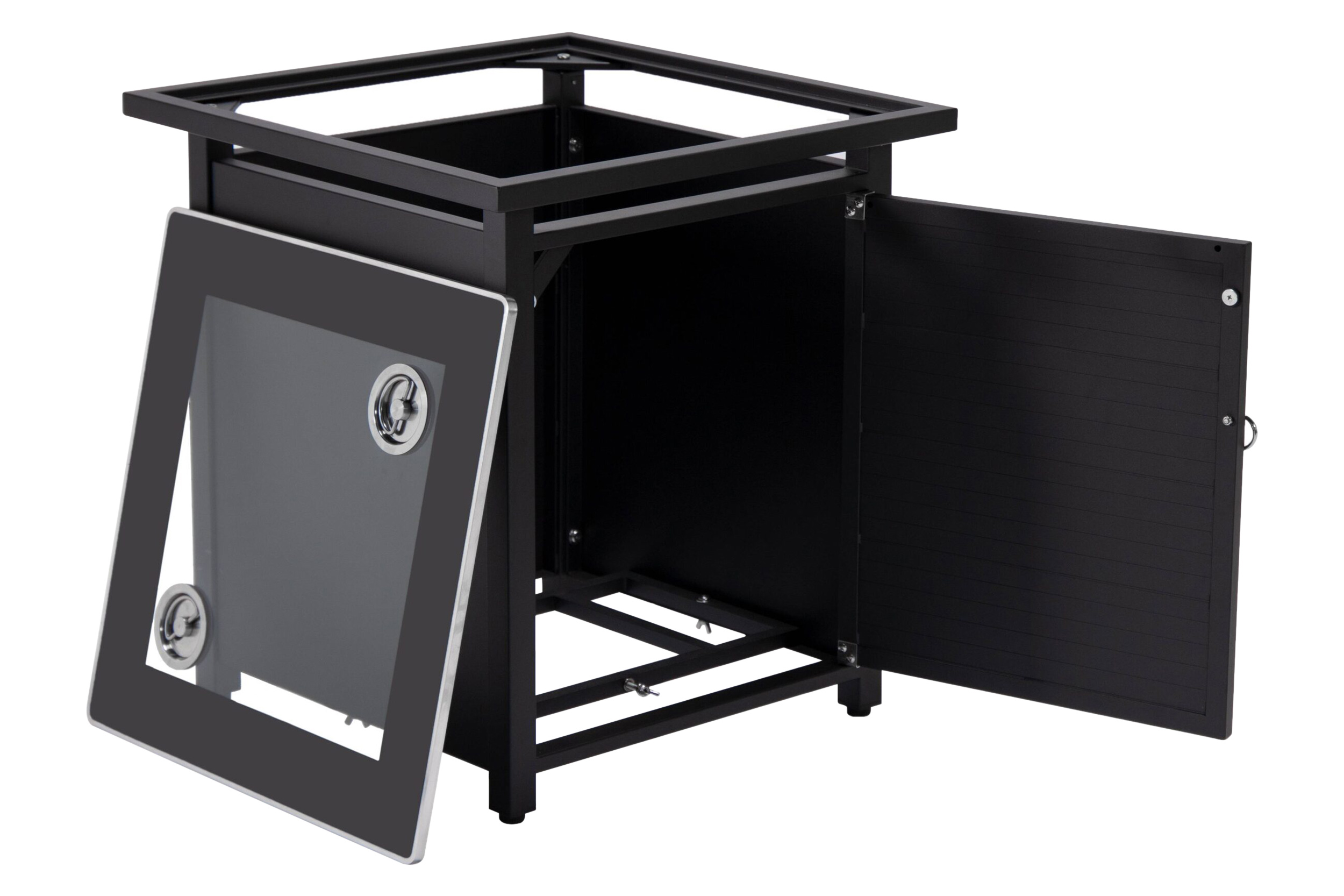 LeisureMod Walbrooke Modern Square Tank Holder Table with Tempered Glass Top and Powder Coated Aluminum Slats - Black