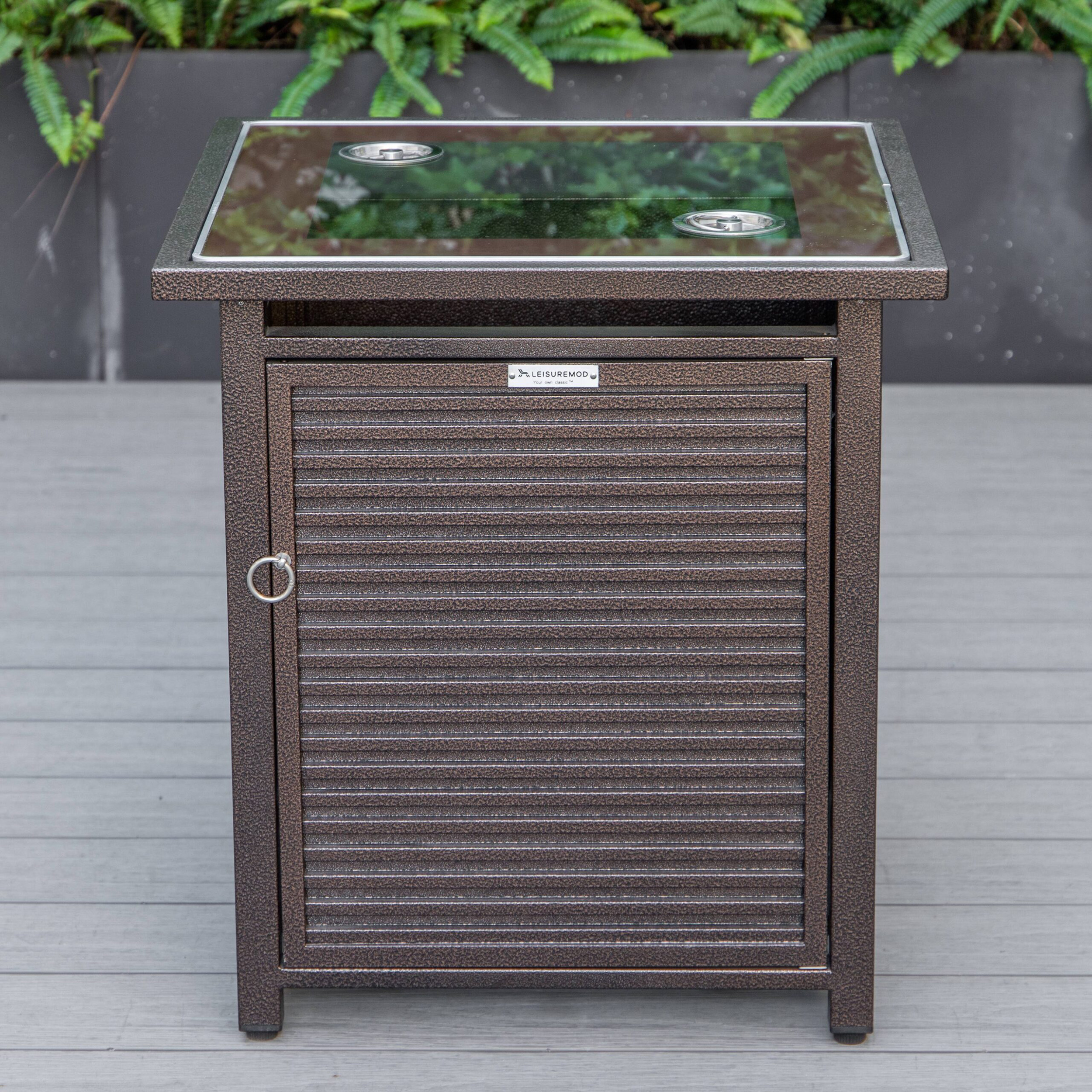 LeisureMod Walbrooke Modern Square Tank Holder Table with Tempered Glass Top and Powder Coated Aluminum Slats - Brown