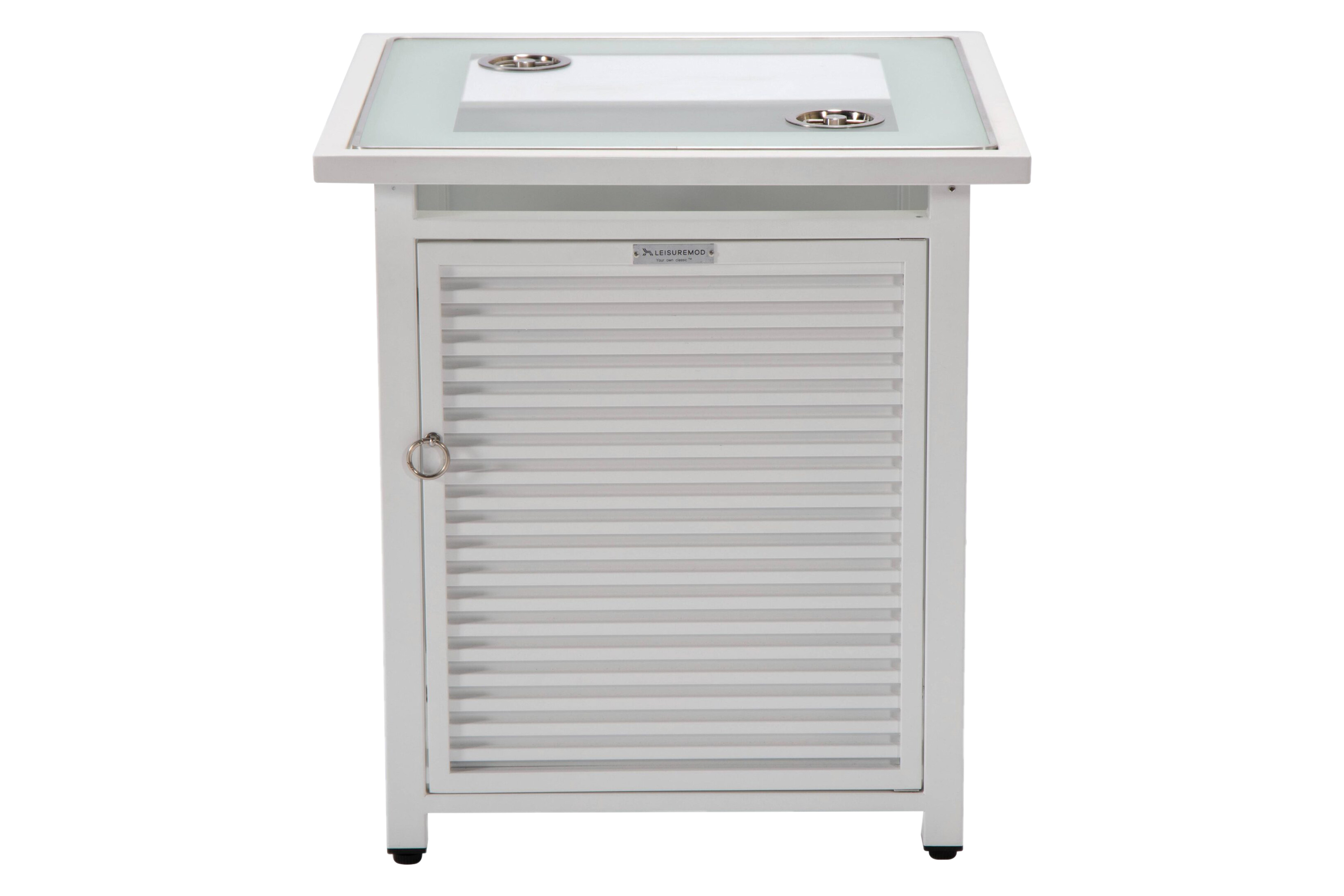 LeisureMod Walbrooke Modern Square Tank Holder Table with Tempered Glass Top and Powder Coated Aluminum Slats - White