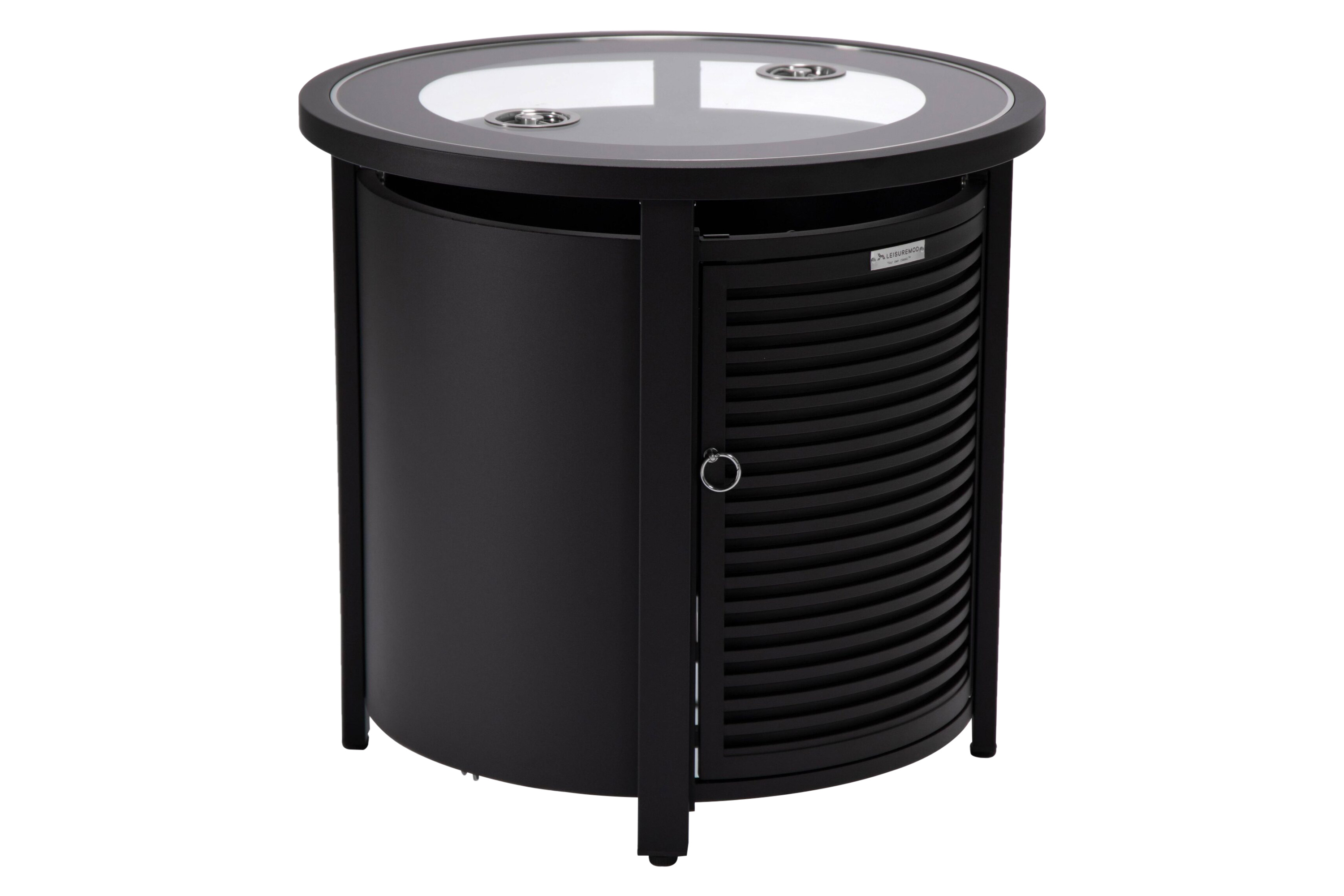 LeisureMod Walbrooke Modern Round Tank Holder Table with Tempered Glass Top and Powder Coated Aluminum Slats Design