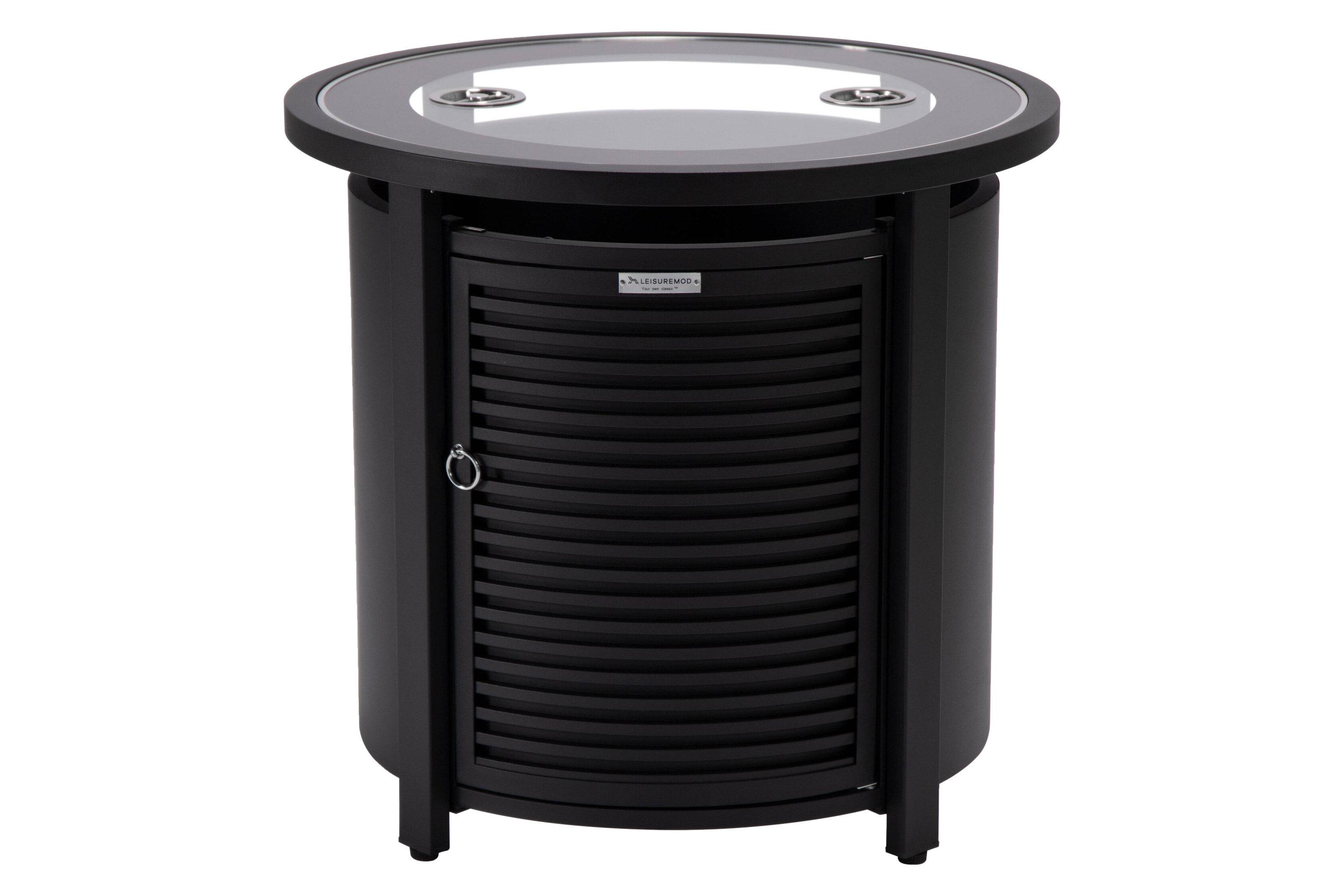 LeisureMod Walbrooke Modern Round Tank Holder Table with Tempered Glass Top and Powder Coated Aluminum Slats Design - Black