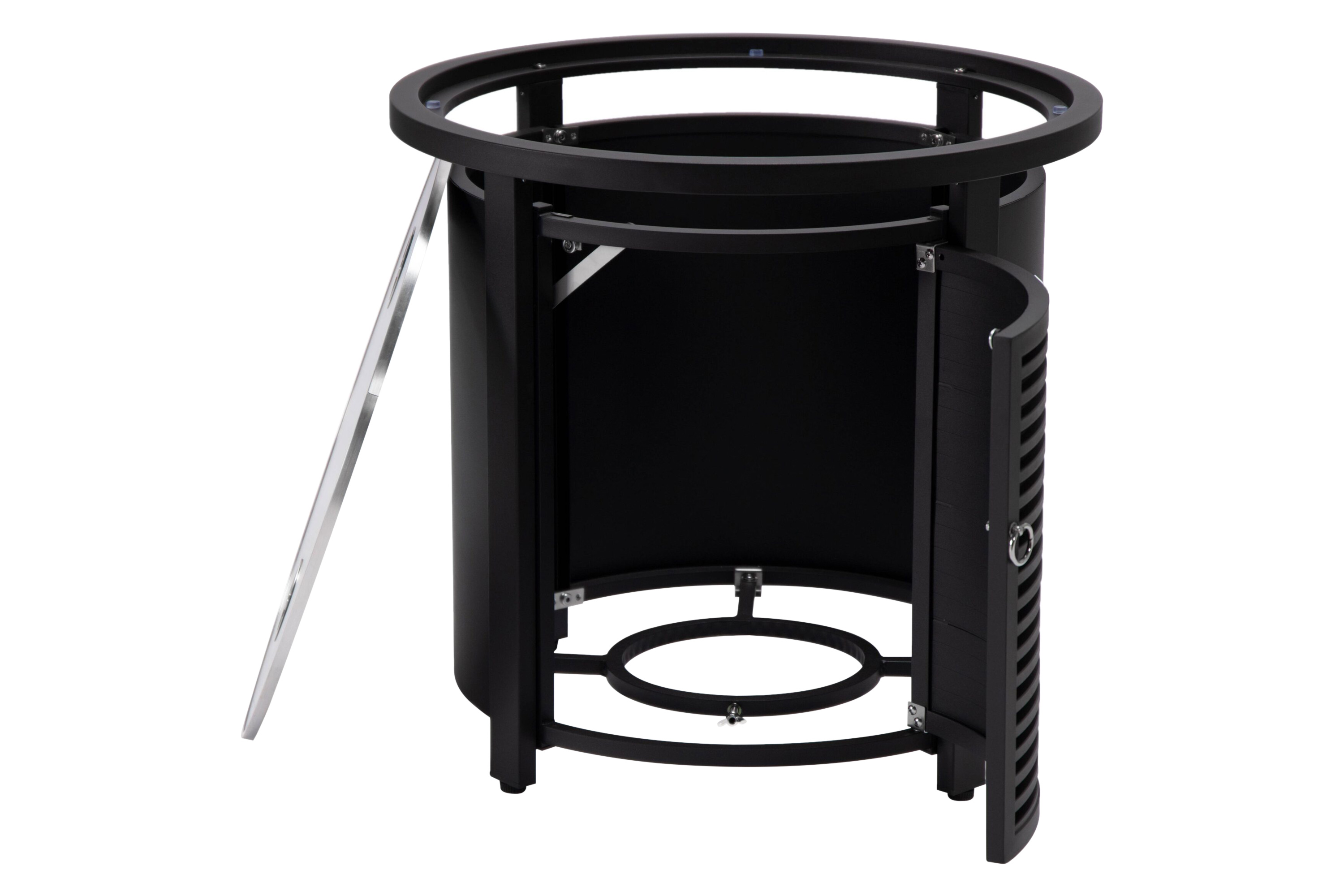 LeisureMod Walbrooke Modern Round Tank Holder Table with Tempered Glass Top and Powder Coated Aluminum Slats Design - Black