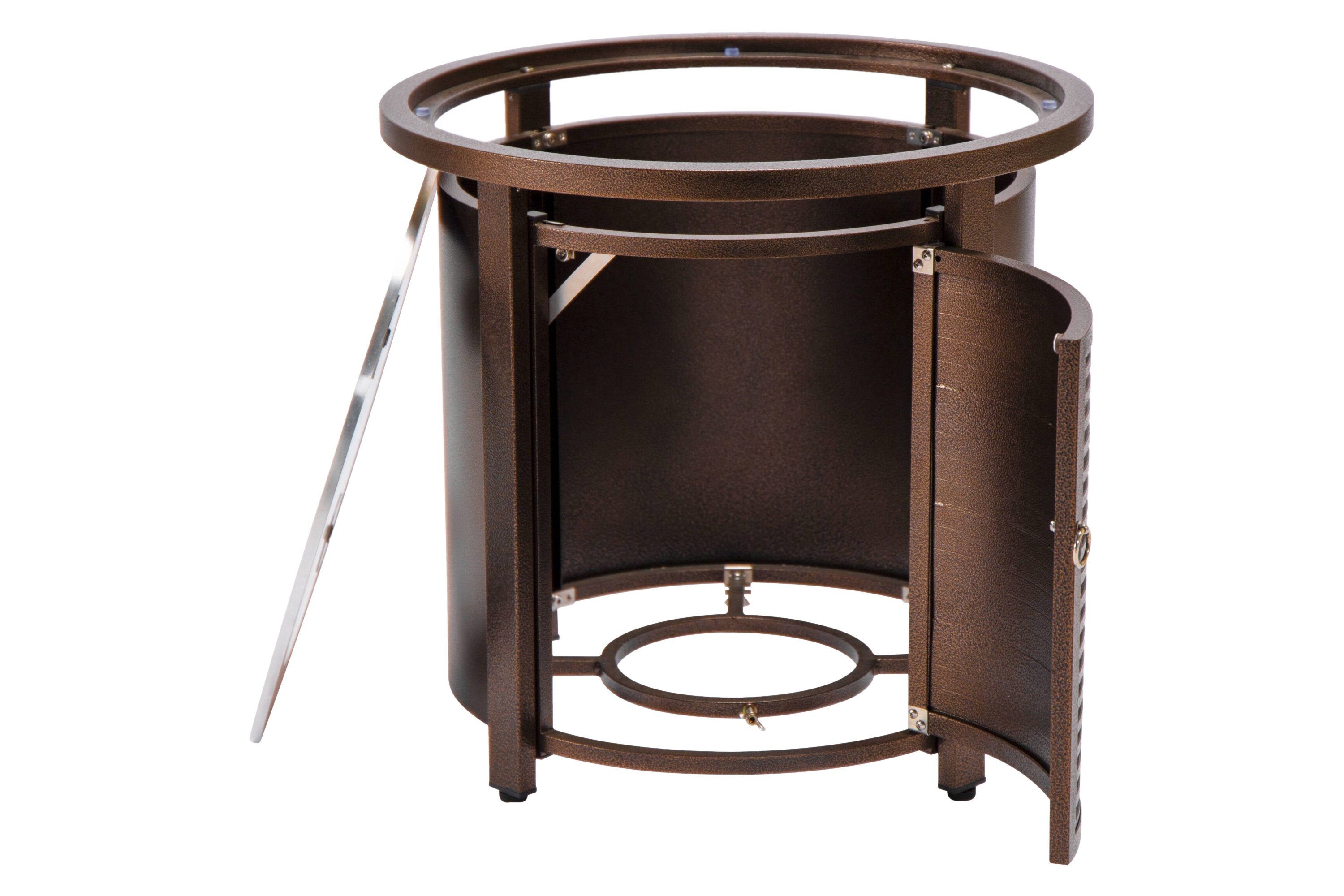 LeisureMod Walbrooke Modern Round Tank Holder Table with Tempered Glass Top and Powder Coated Aluminum Slats Design - Brown