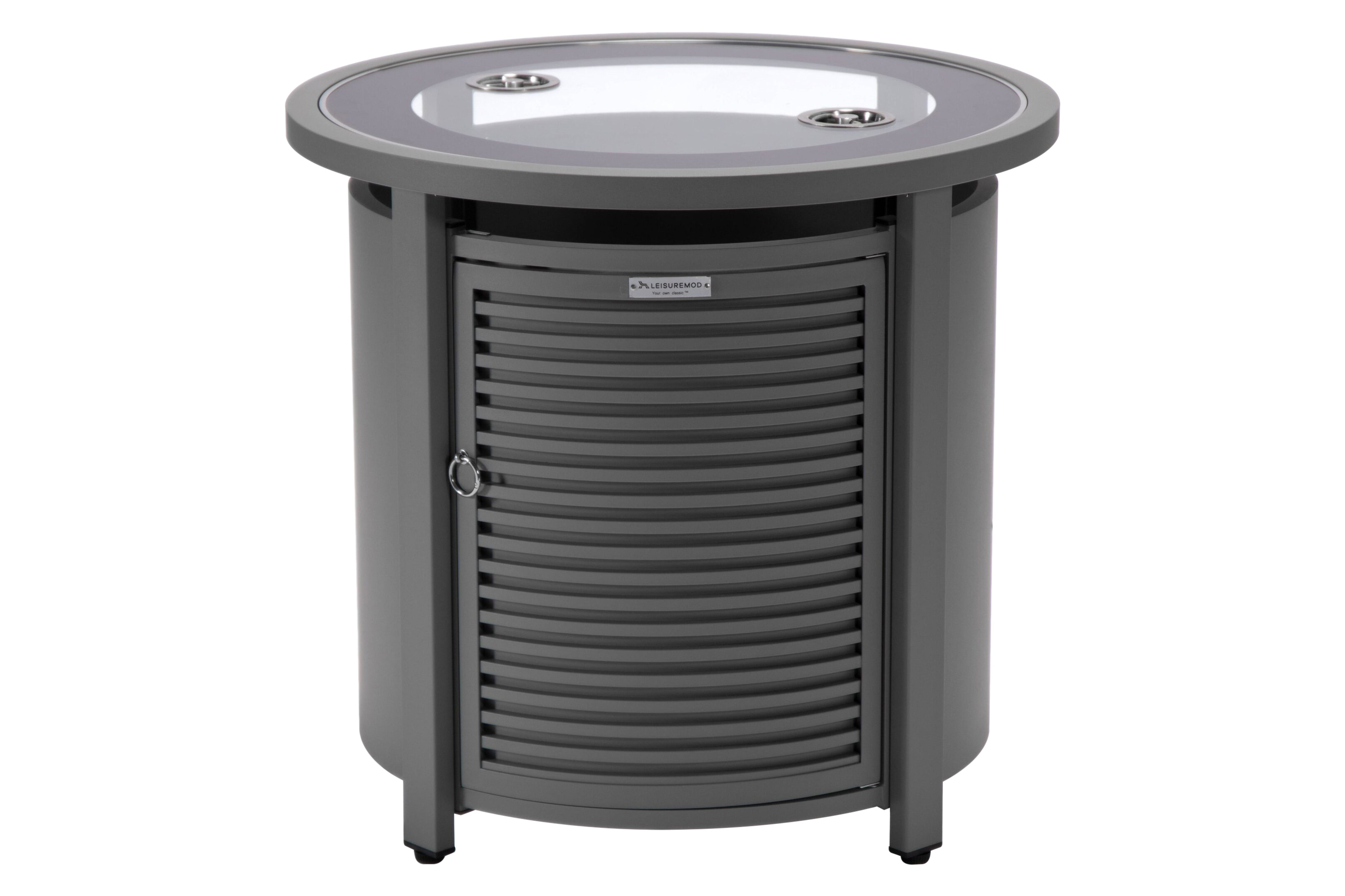 LeisureMod Walbrooke Modern Round Tank Holder Table with Tempered Glass Top and Powder Coated Aluminum Slats Design - Gray