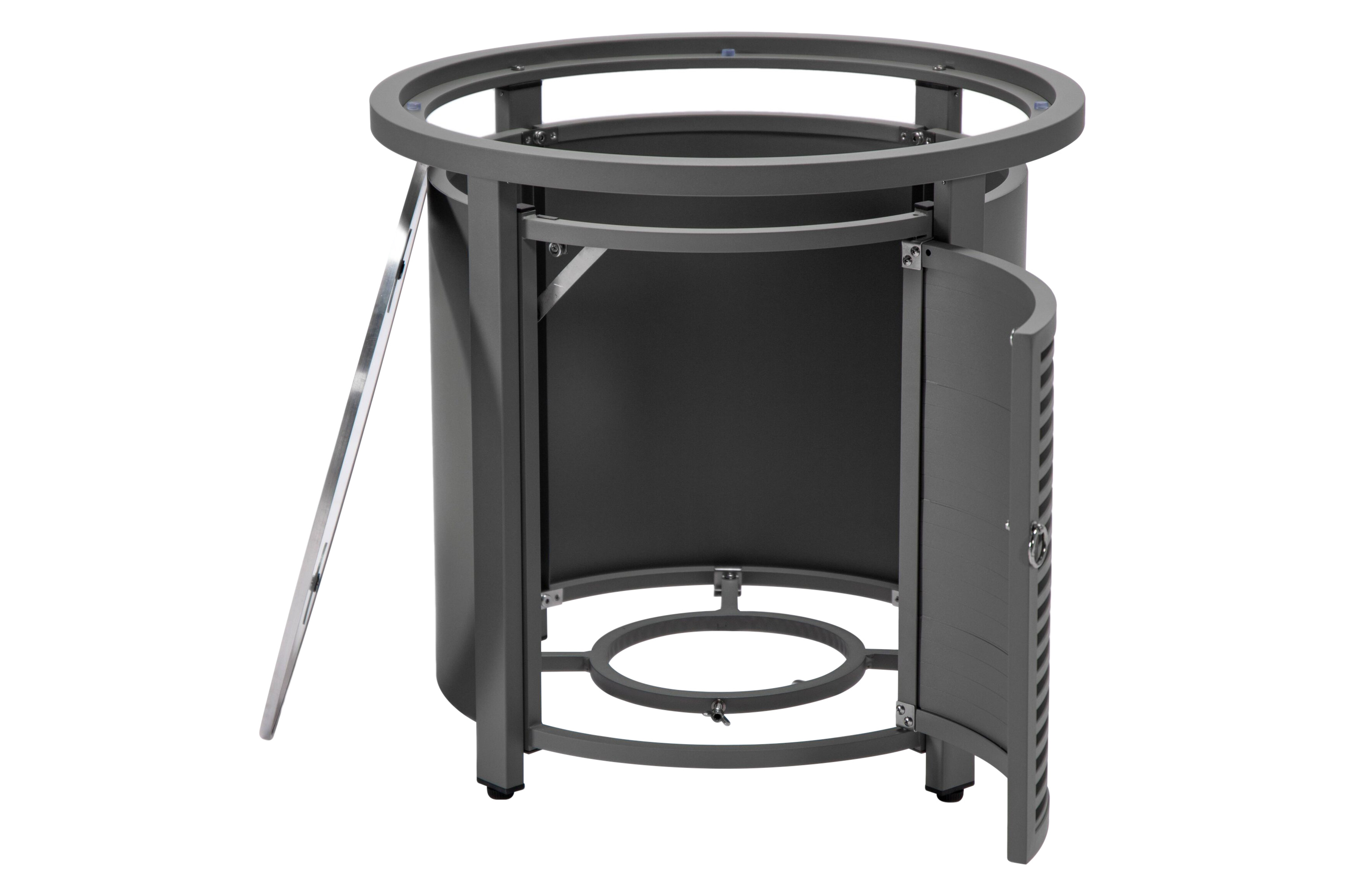 LeisureMod Walbrooke Modern Round Tank Holder Table with Tempered Glass Top and Powder Coated Aluminum Slats Design - Gray