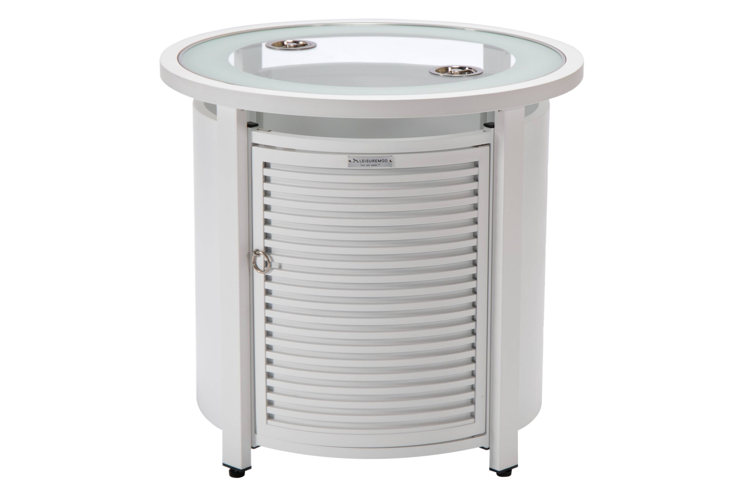 LeisureMod Walbrooke Modern Round Tank Holder Table with Tempered Glass Top and Powder Coated Aluminum Slats Design - White