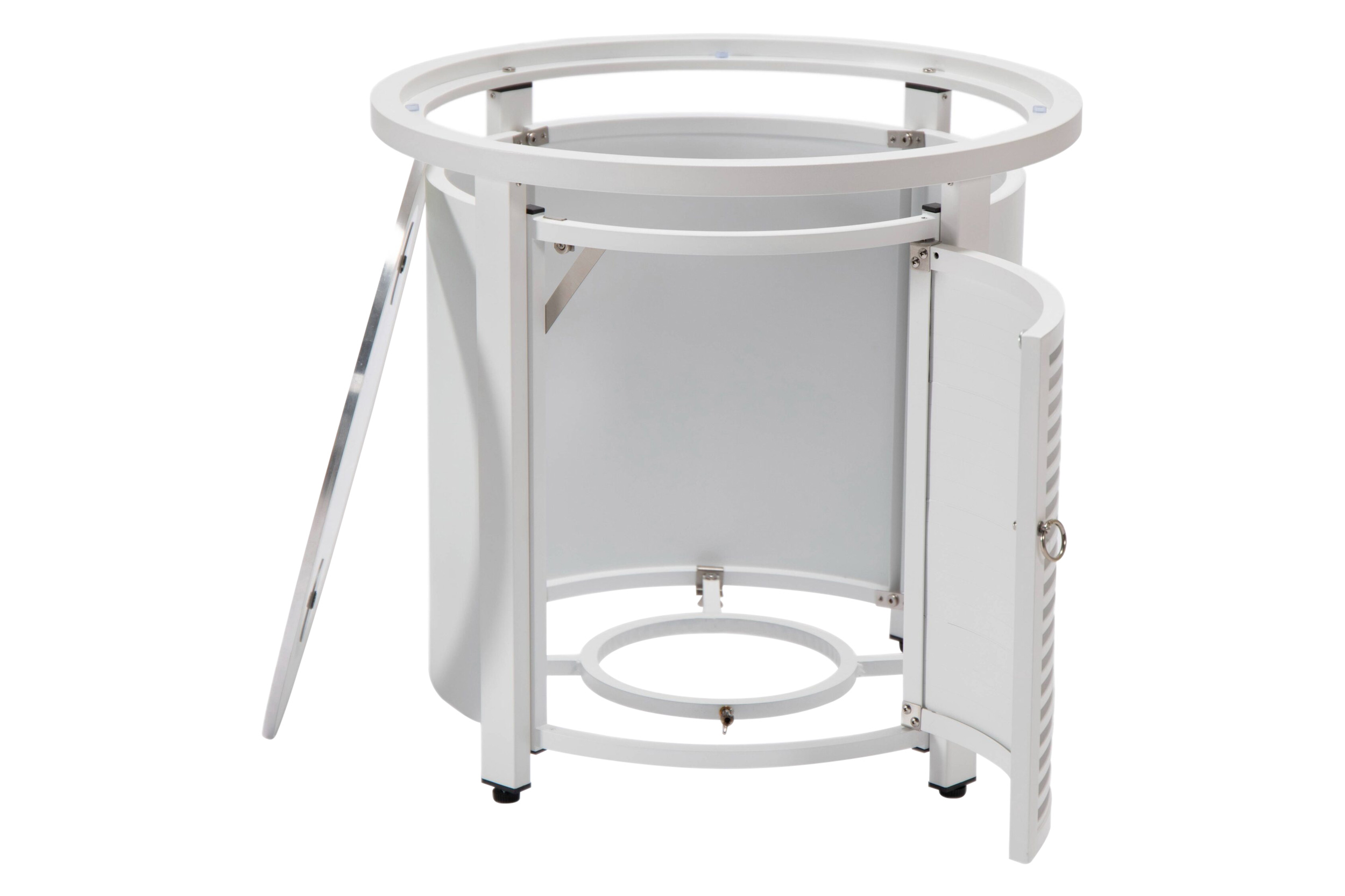 LeisureMod Walbrooke Modern Round Tank Holder Table with Tempered Glass Top and Powder Coated Aluminum Slats Design - White