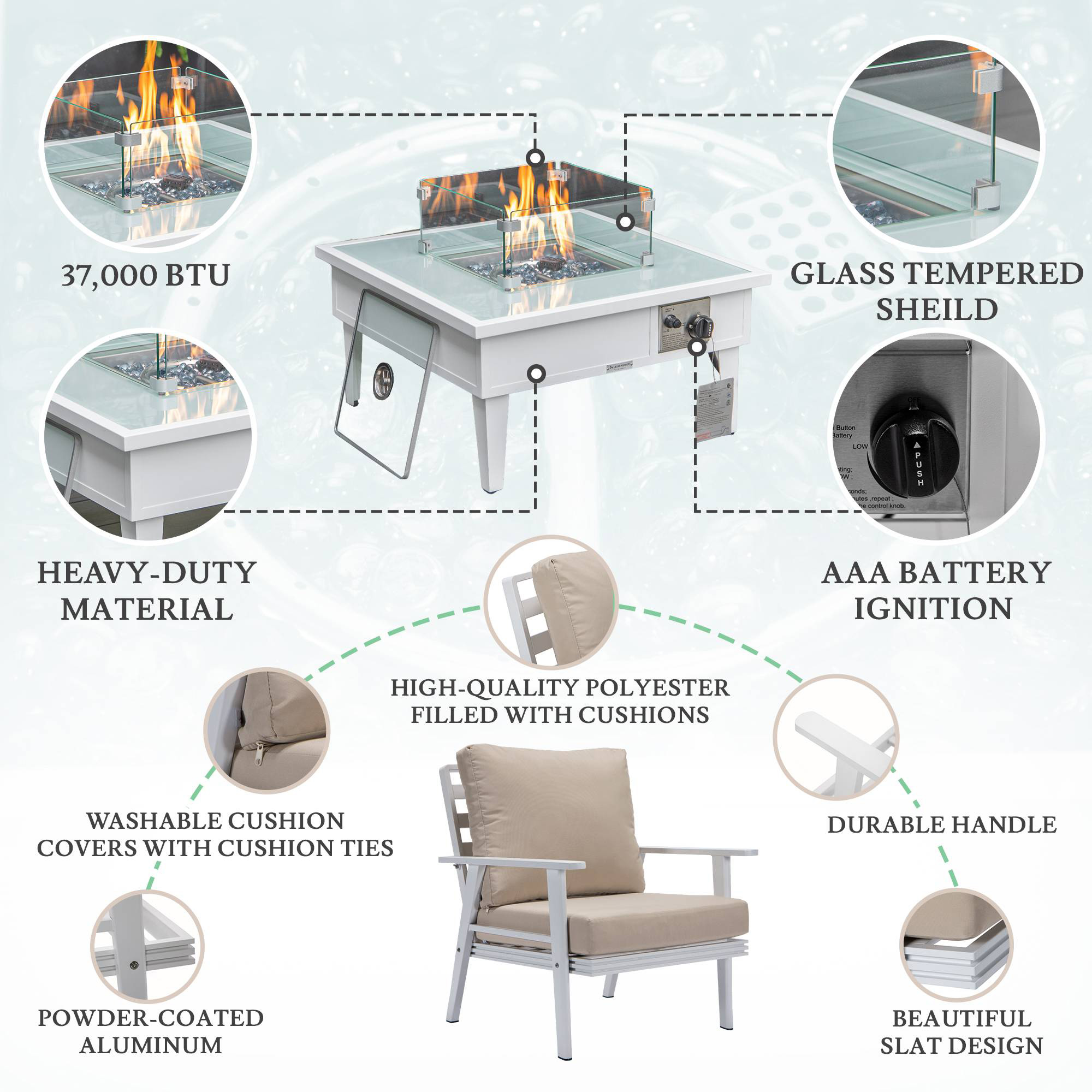 LeisureMod Walbrooke Modern White Patio Conversation With Square Fire Pit & Tank Holder - Beige