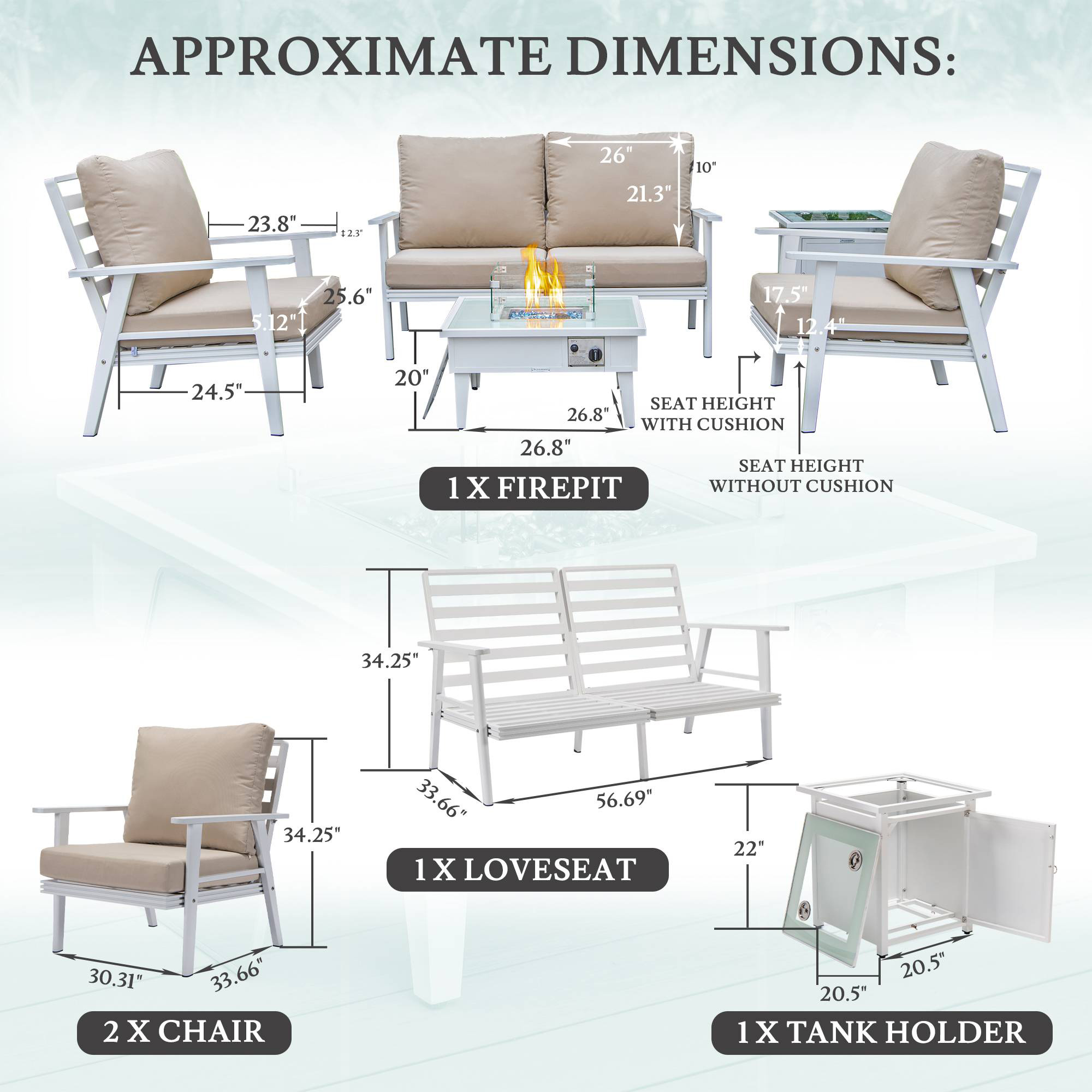 LeisureMod Walbrooke Modern White Patio Conversation With Square Fire Pit & Tank Holder - Beige