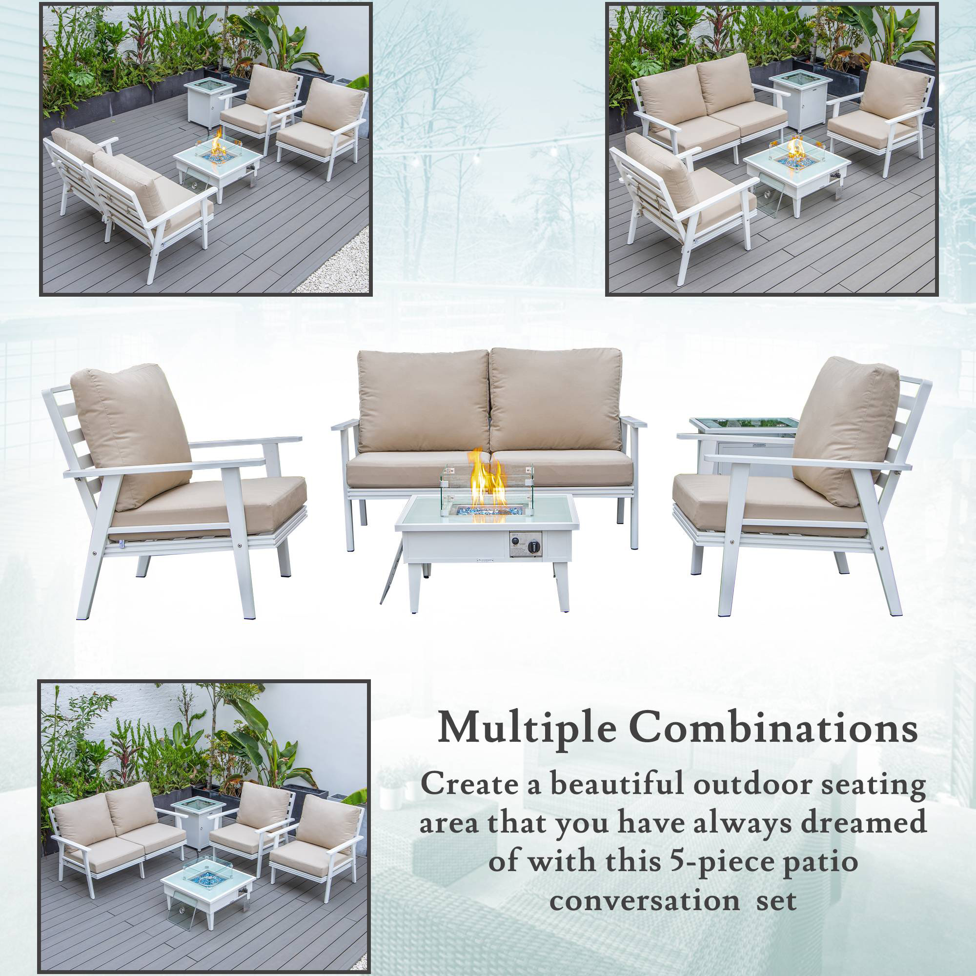 LeisureMod Walbrooke Modern White Patio Conversation With Square Fire Pit & Tank Holder - Beige