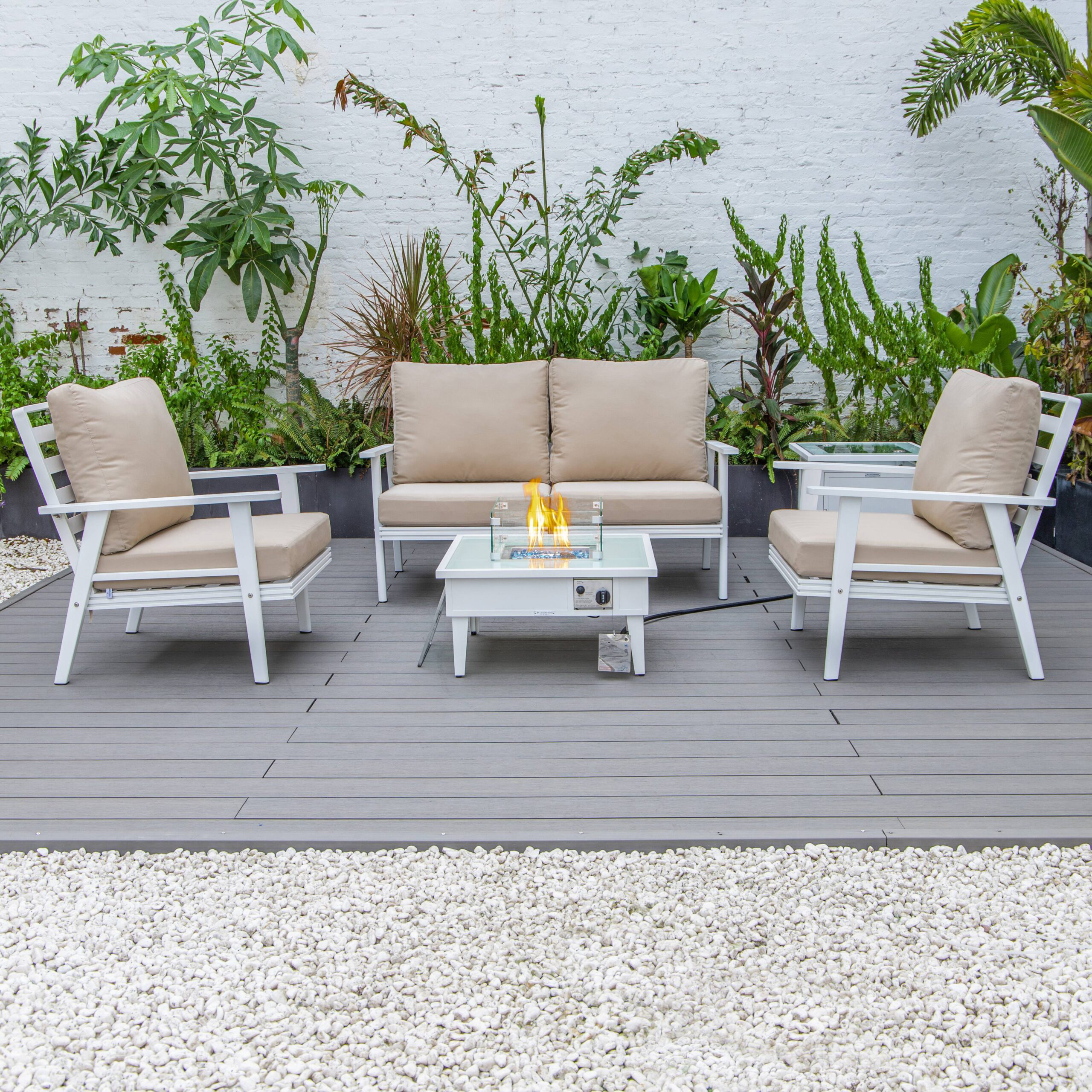 LeisureMod Walbrooke Modern White Patio Conversation With Square Fire Pit & Tank Holder - Beige