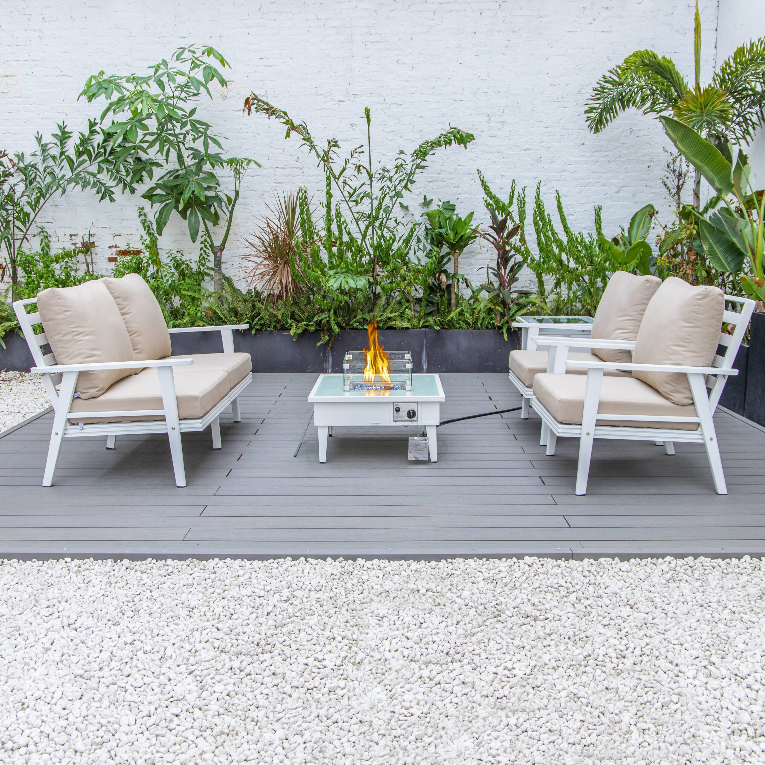 LeisureMod Walbrooke Modern White Patio Conversation With Square Fire Pit & Tank Holder - Beige