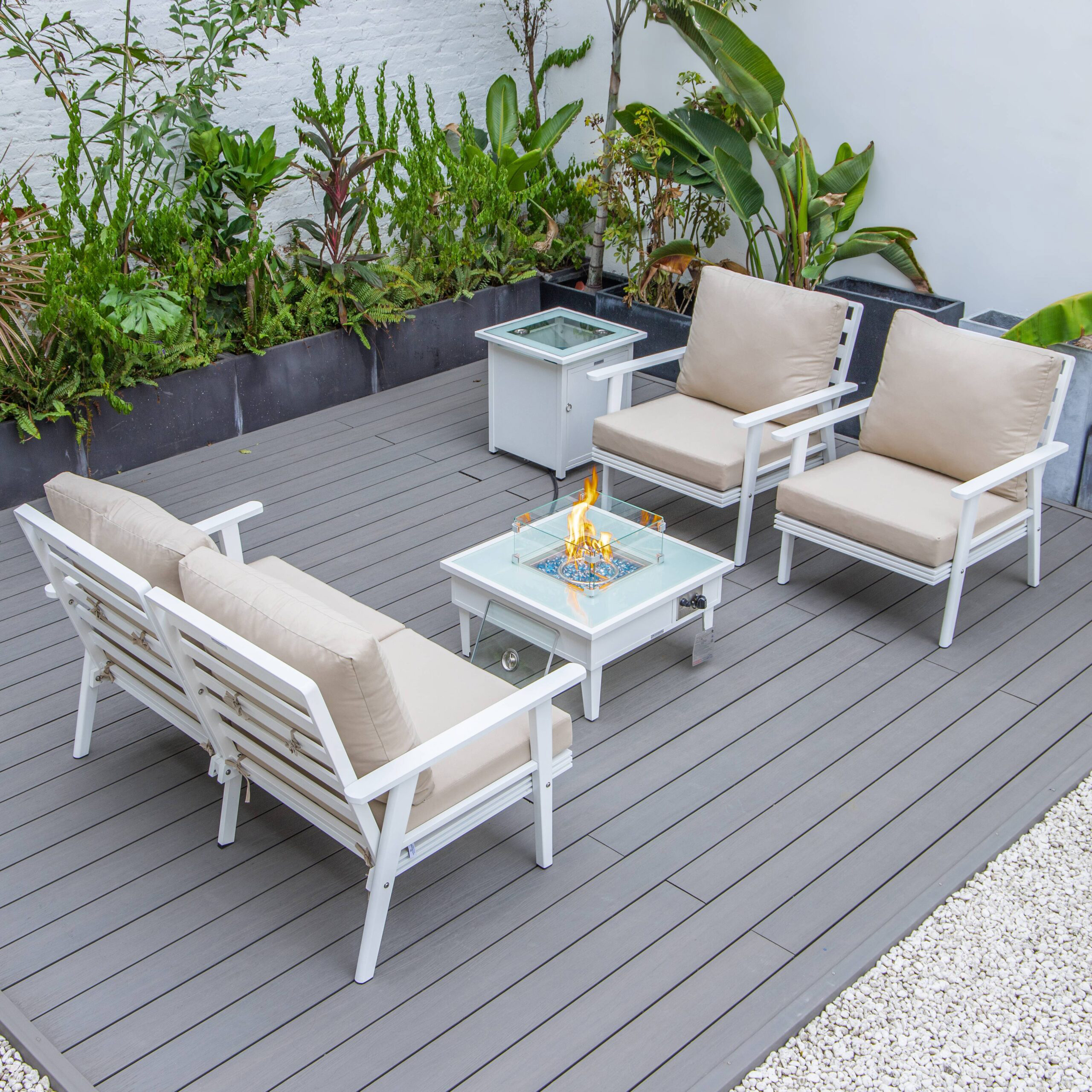 LeisureMod Walbrooke Modern White Patio Conversation With Square Fire Pit & Tank Holder - Beige