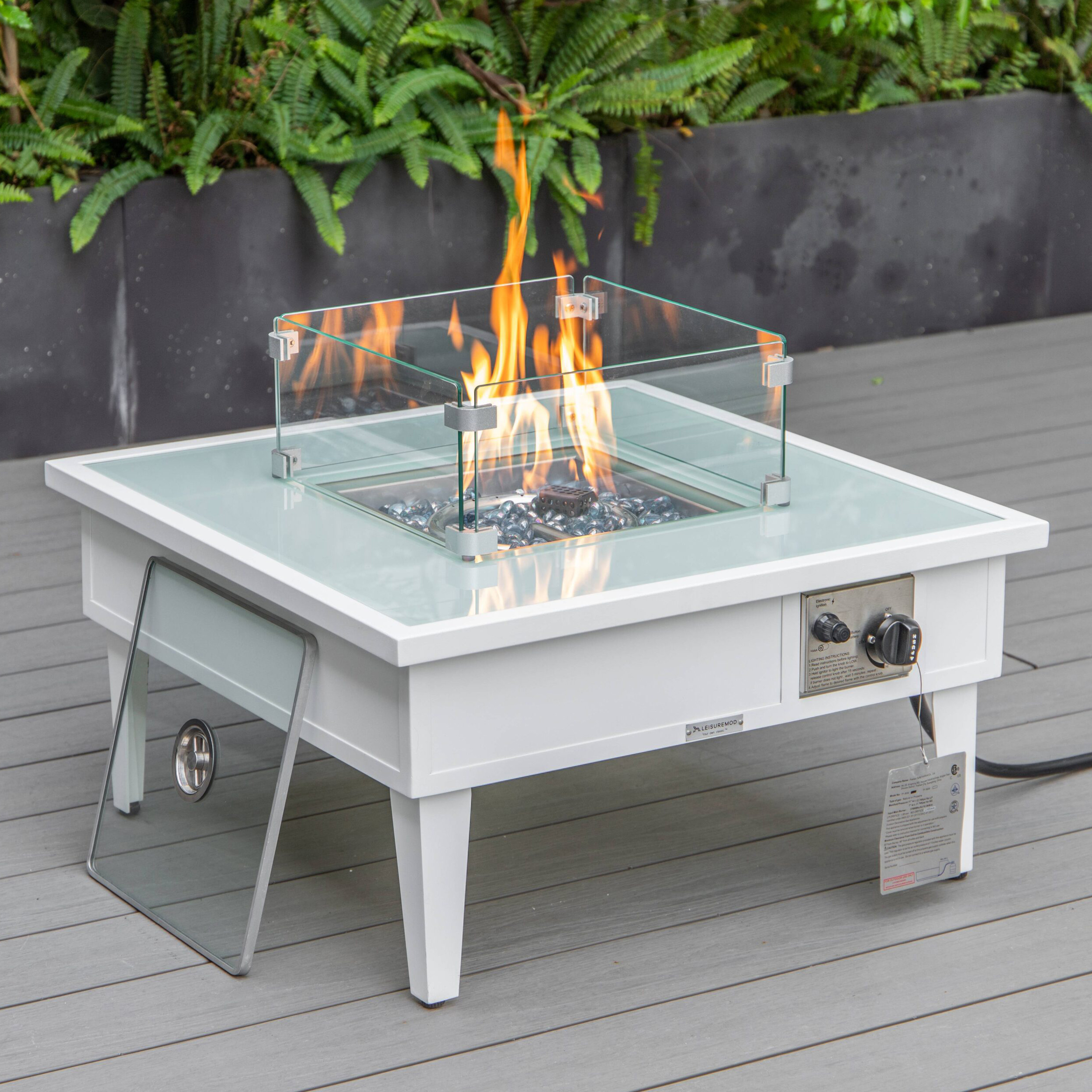 LeisureMod Walbrooke Modern White Patio Conversation With Square Fire Pit & Tank Holder - Beige