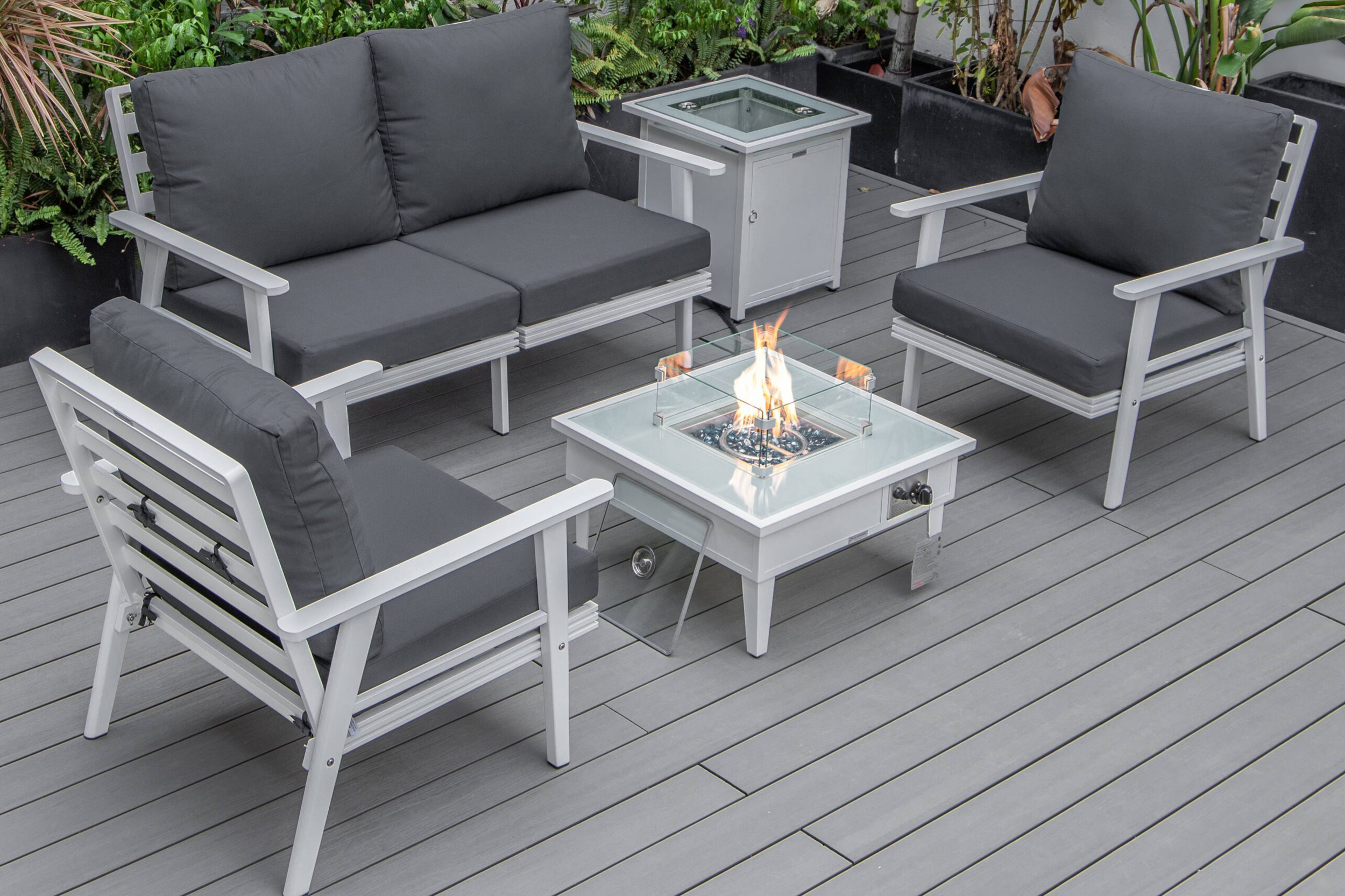 LeisureMod Walbrooke Modern Black Patio Conversation With Square Fire Pit & Tank Holder