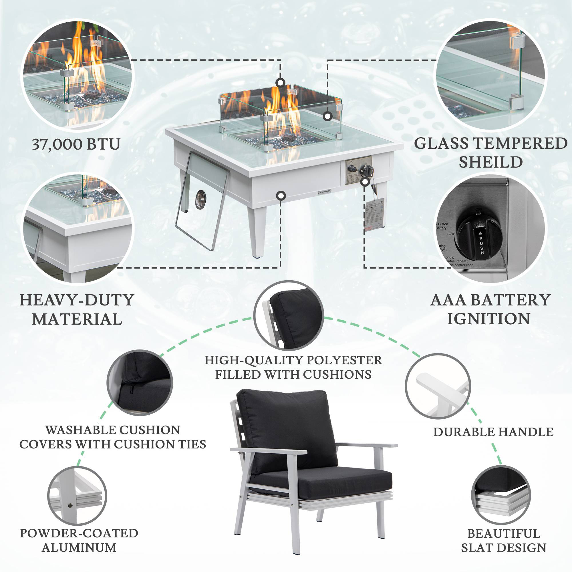 LeisureMod Walbrooke Modern White Patio Conversation With Square Fire Pit & Tank Holder - Charcoal