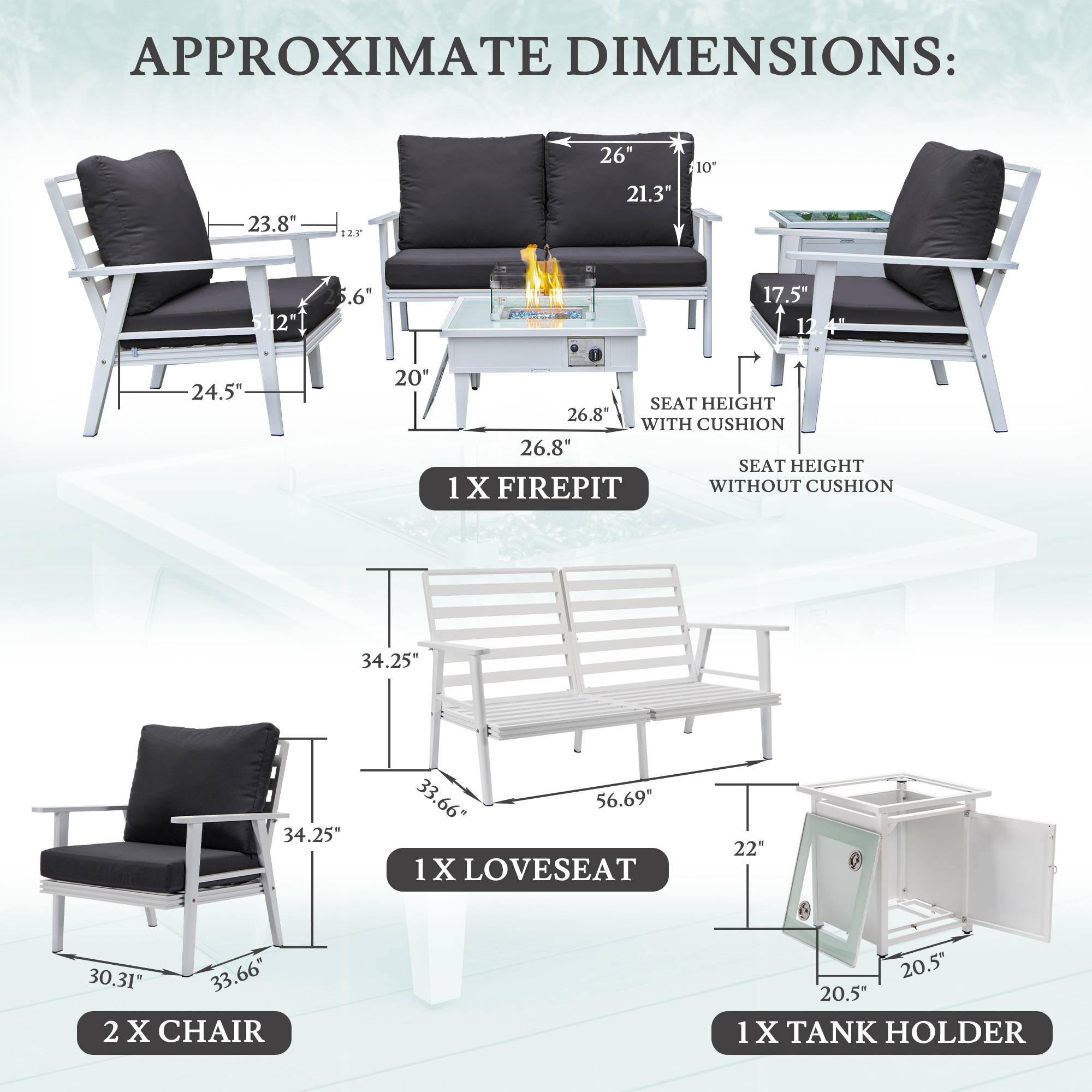 LeisureMod Walbrooke Modern White Patio Conversation With Square Fire Pit & Tank Holder - Charcoal