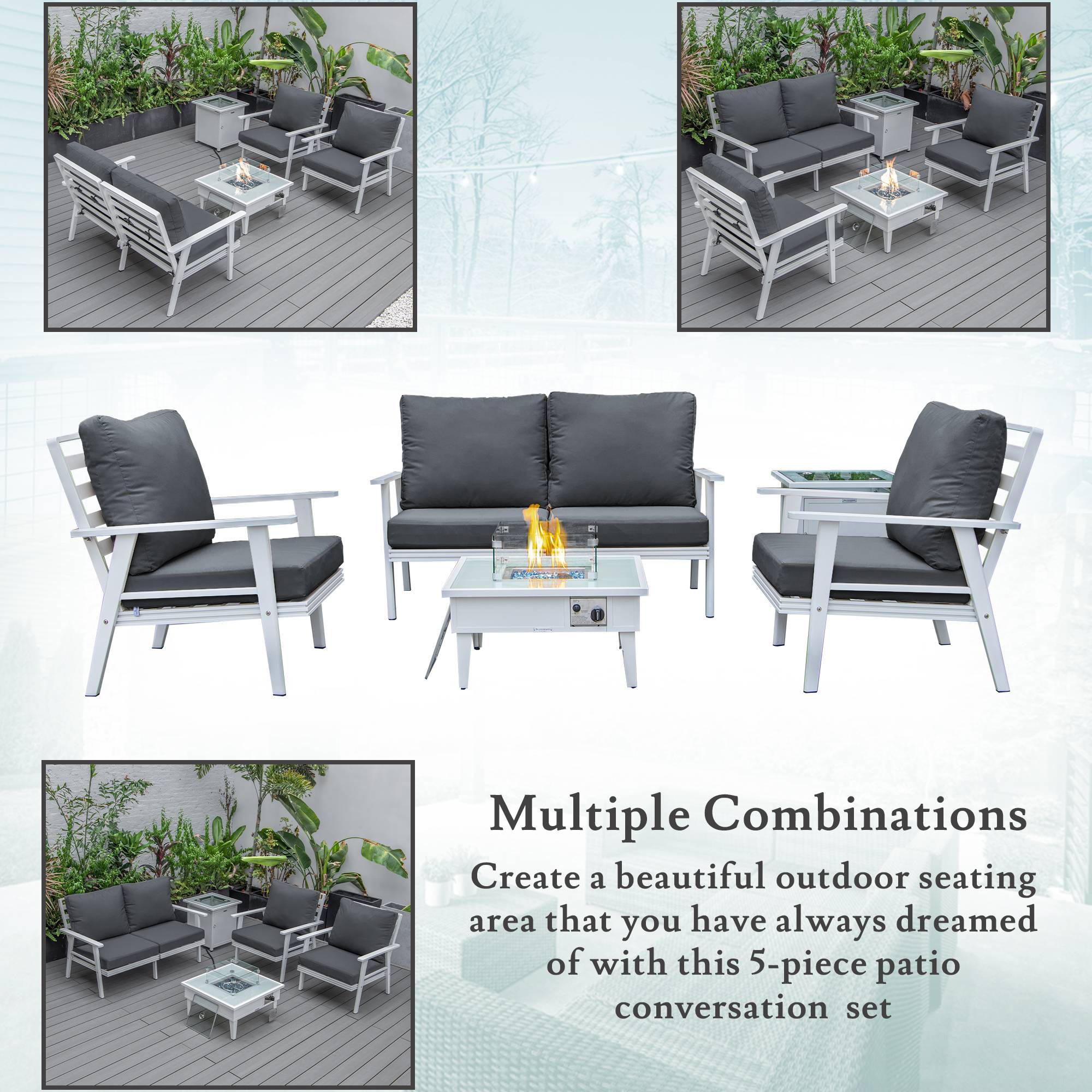 LeisureMod Walbrooke Modern White Patio Conversation With Square Fire Pit & Tank Holder - Charcoal