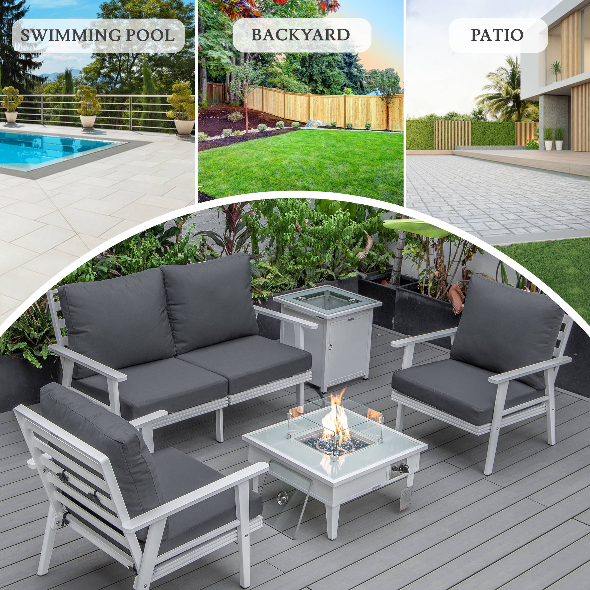 LeisureMod Walbrooke Modern White Patio Conversation With Square Fire Pit & Tank Holder - Charcoal