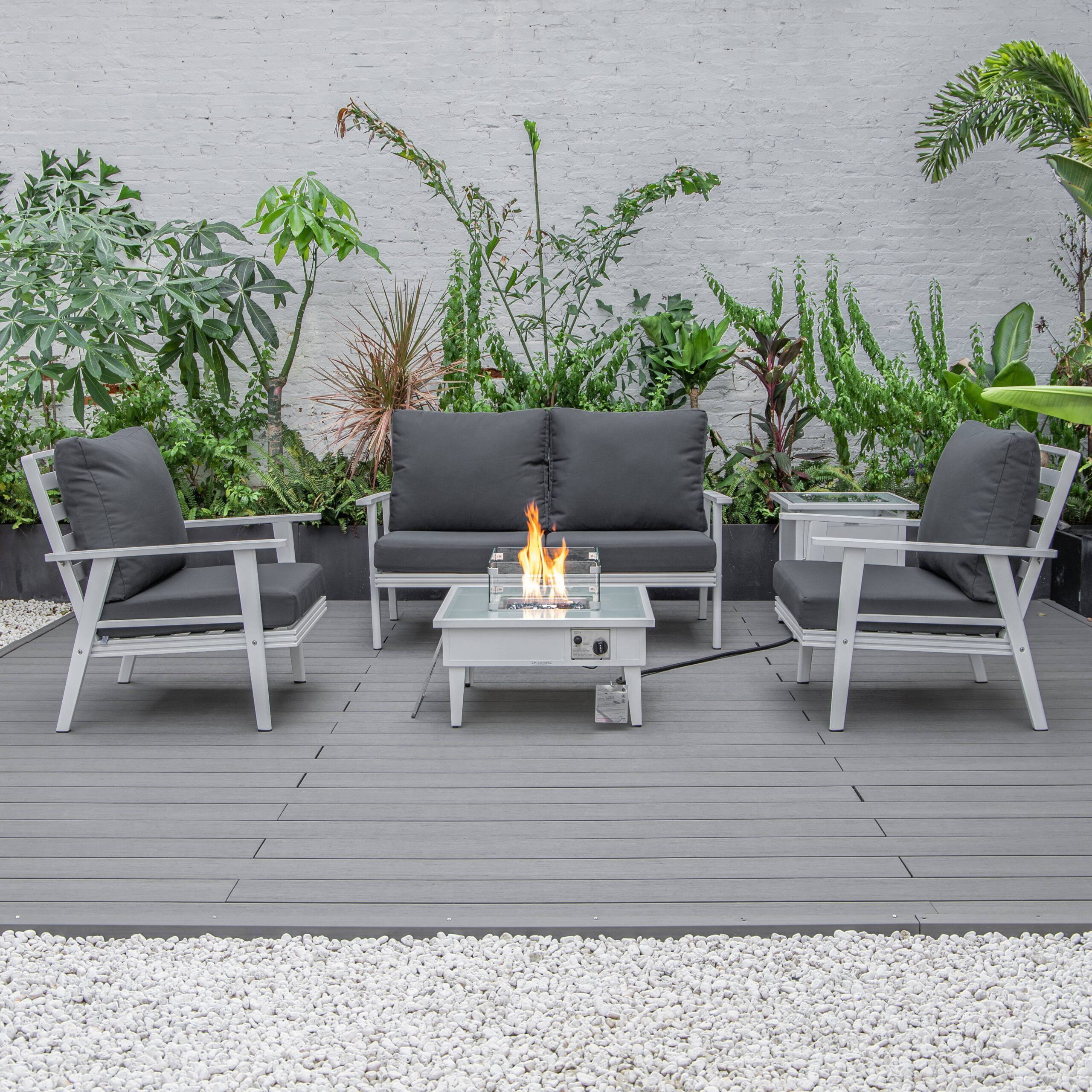 LeisureMod Walbrooke Modern White Patio Conversation With Square Fire Pit & Tank Holder - Charcoal