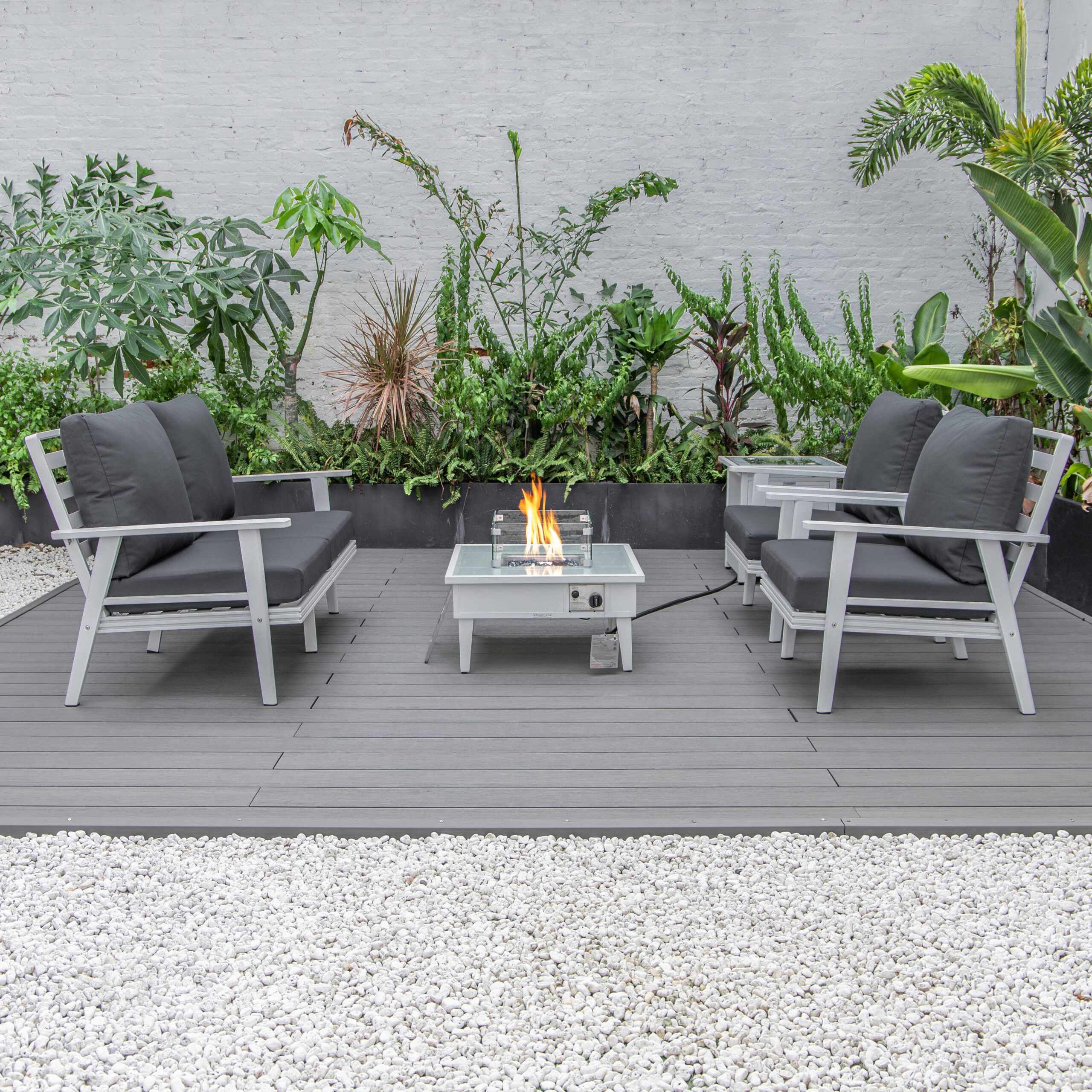 LeisureMod Walbrooke Modern White Patio Conversation With Square Fire Pit & Tank Holder - Charcoal