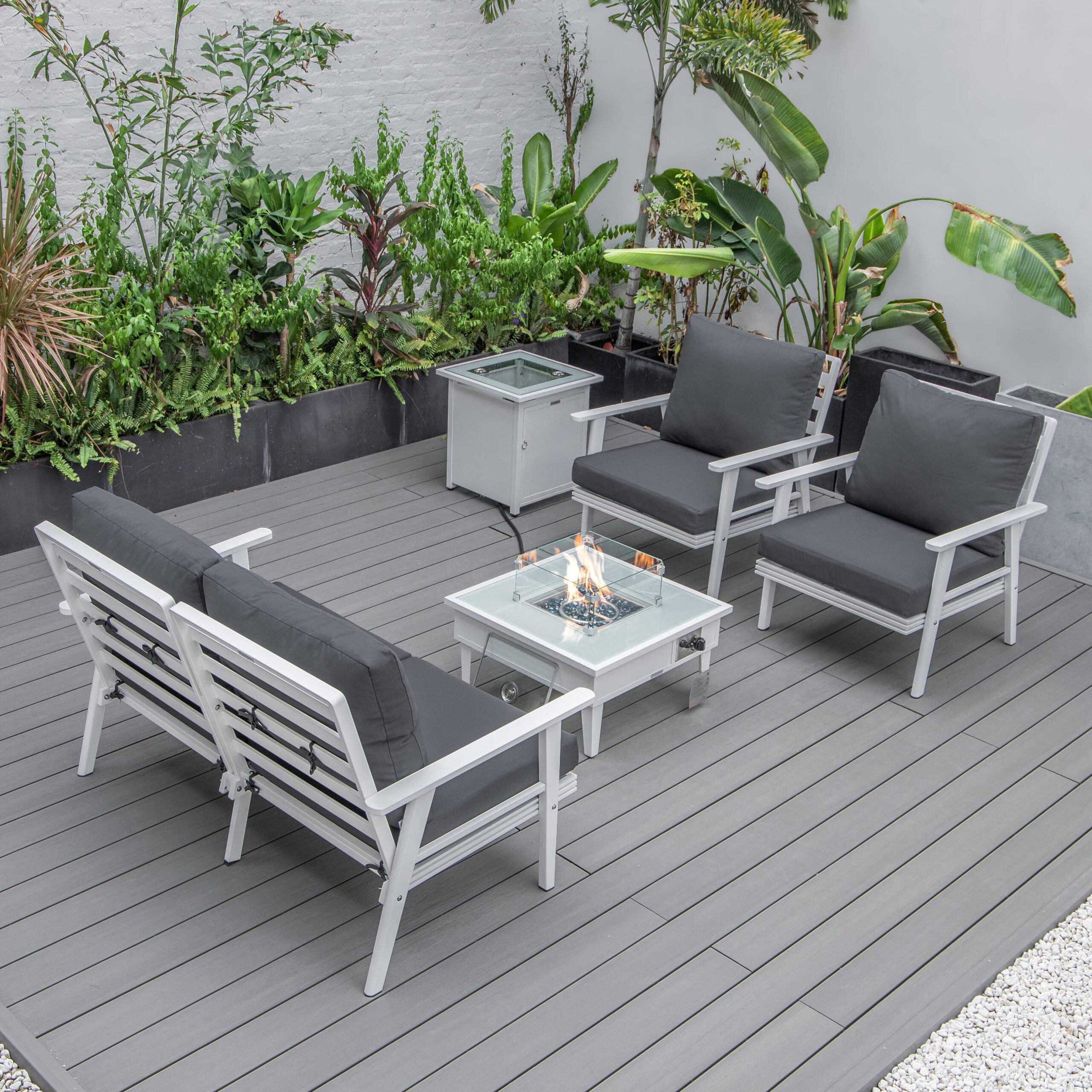 LeisureMod Walbrooke Modern White Patio Conversation With Square Fire Pit & Tank Holder - Charcoal