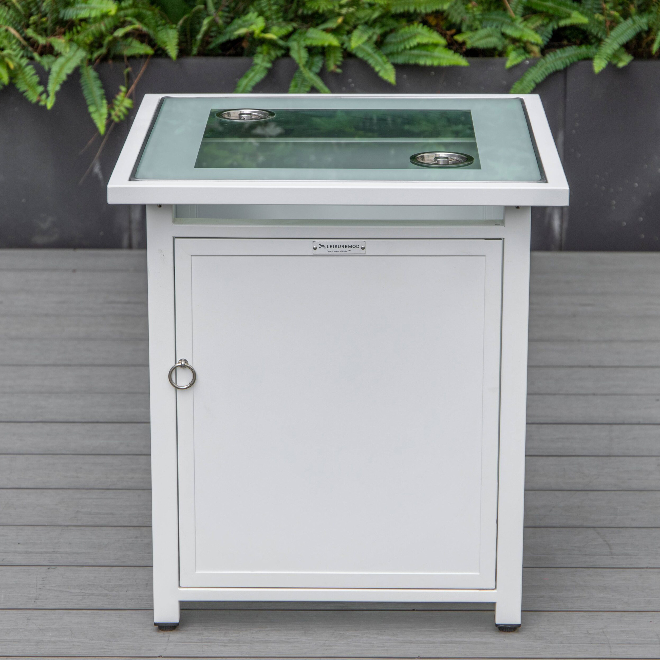 LeisureMod Walbrooke Modern White Patio Conversation With Square Fire Pit & Tank Holder - Charcoal