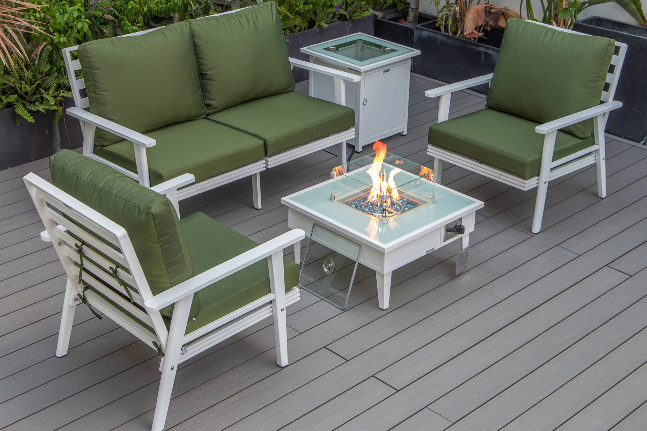 LeisureMod Walbrooke Modern Black Patio Conversation With Square Fire Pit & Tank Holder