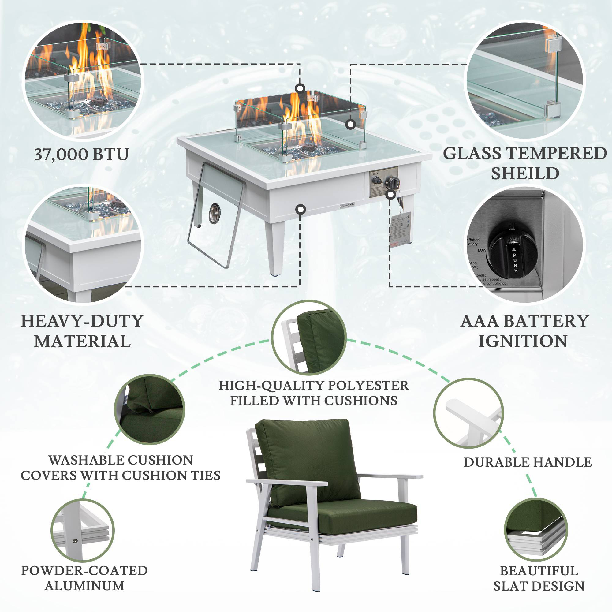 LeisureMod Walbrooke Modern White Patio Conversation With Square Fire Pit & Tank Holder - Green